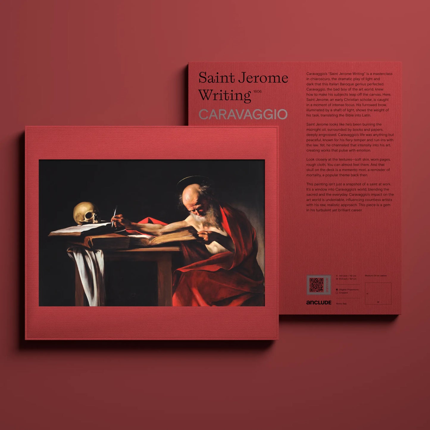 Front & back view of Saint Jerome Writing art print by Michelangelo Merisi da Caravaggio in Anclude’s collectible format