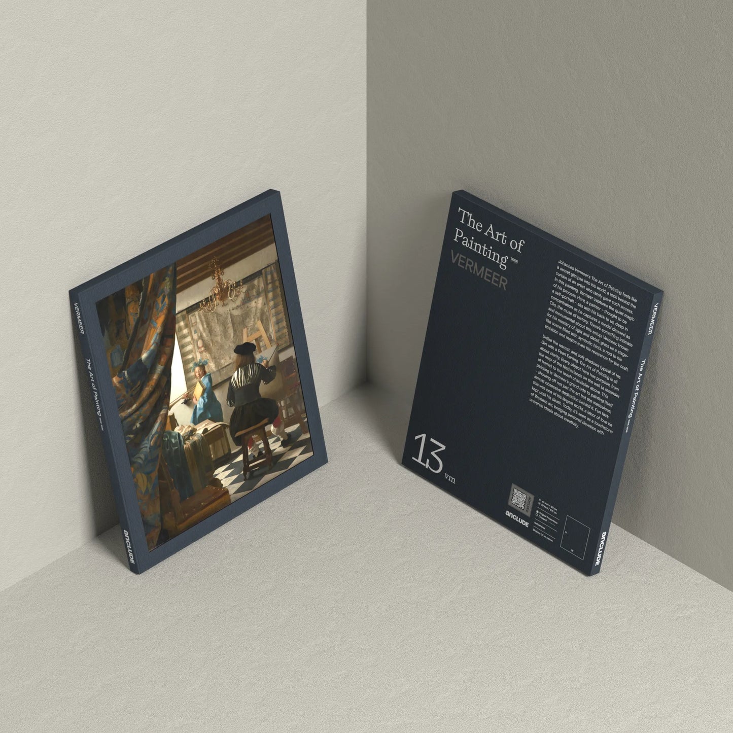 Corner setup showing front & back of The Art of Painting art print by Johannes Vermeer on display, leaning against the wall