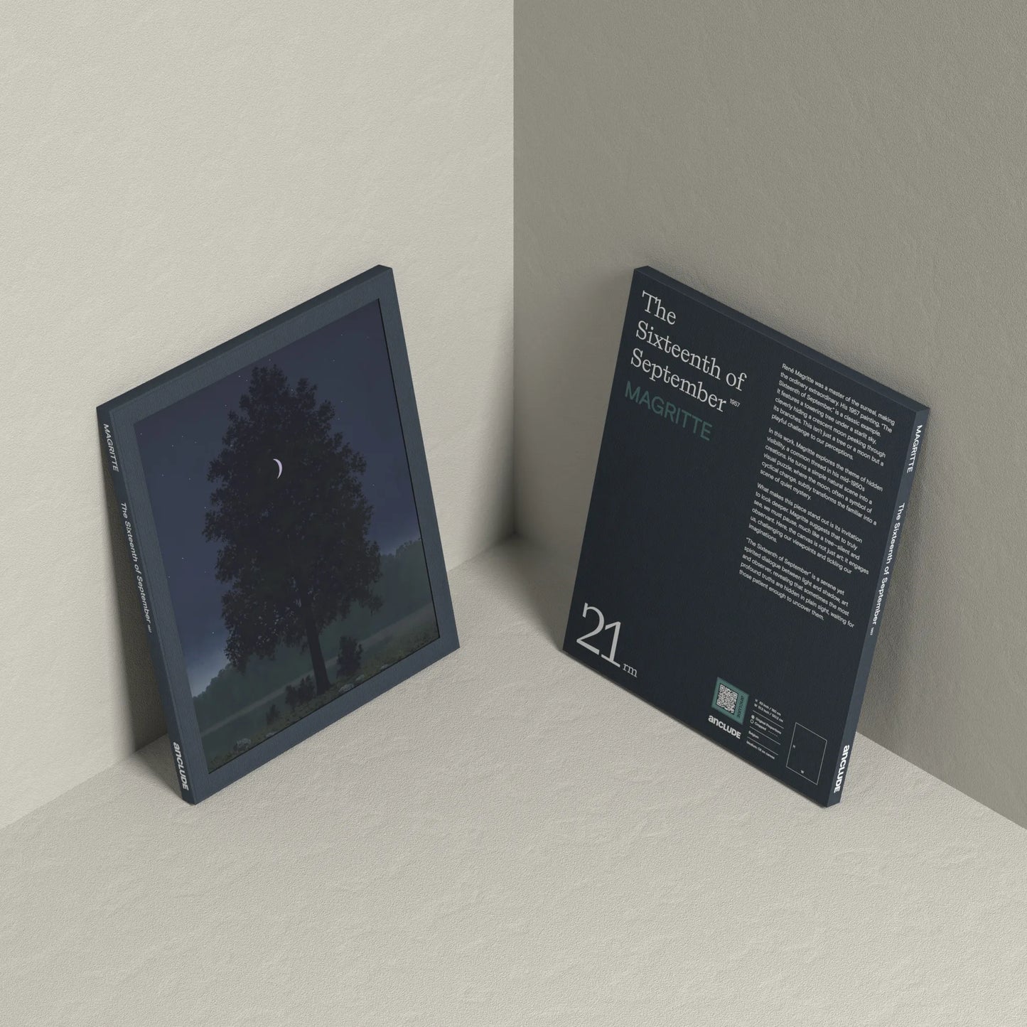 Corner setup showing front & back of The Sixteenth of September art print by René Magritte on display, leaning against the wall