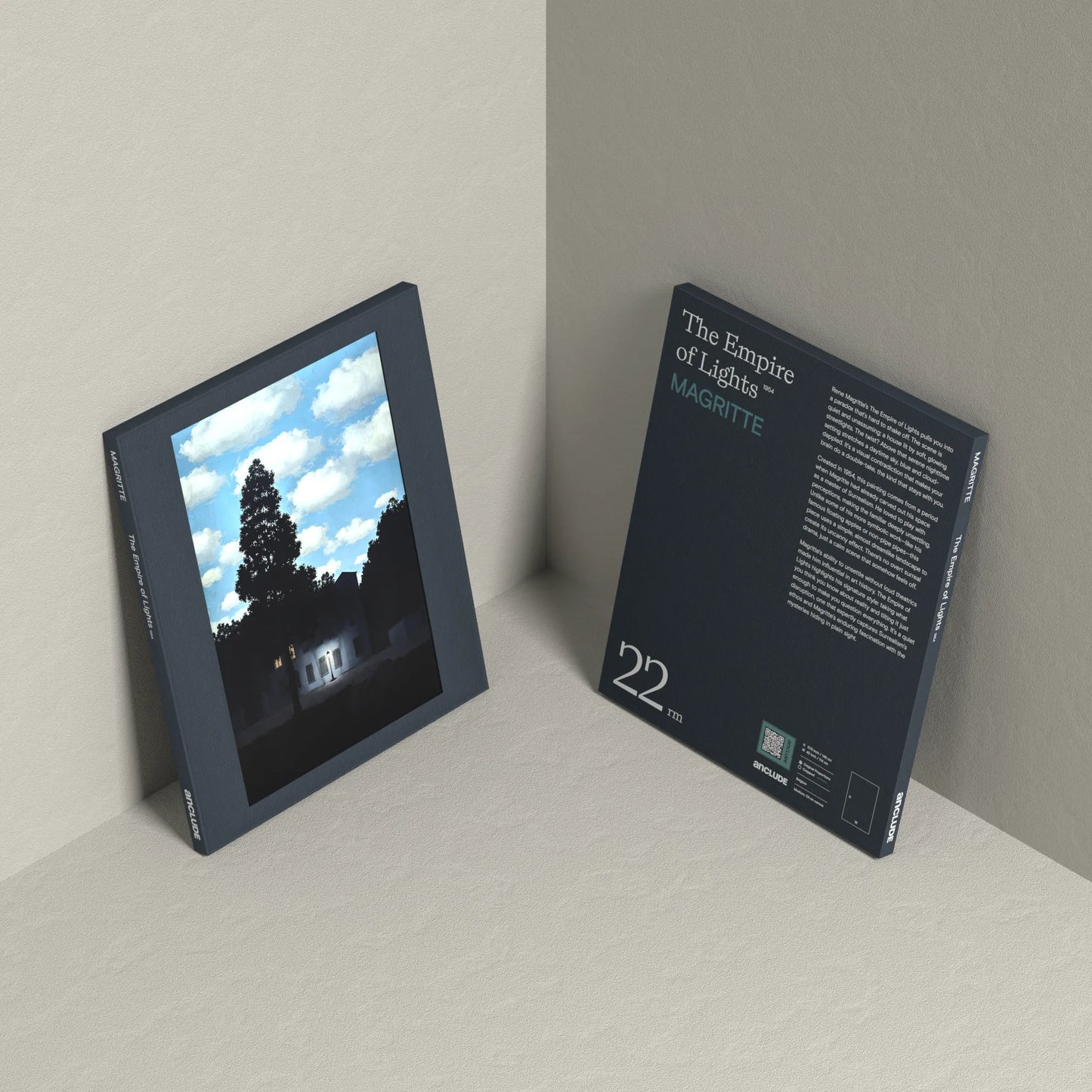 Corner setup showing front & back of The Empire of Light art print by René Magritte on display, leaning against the wall