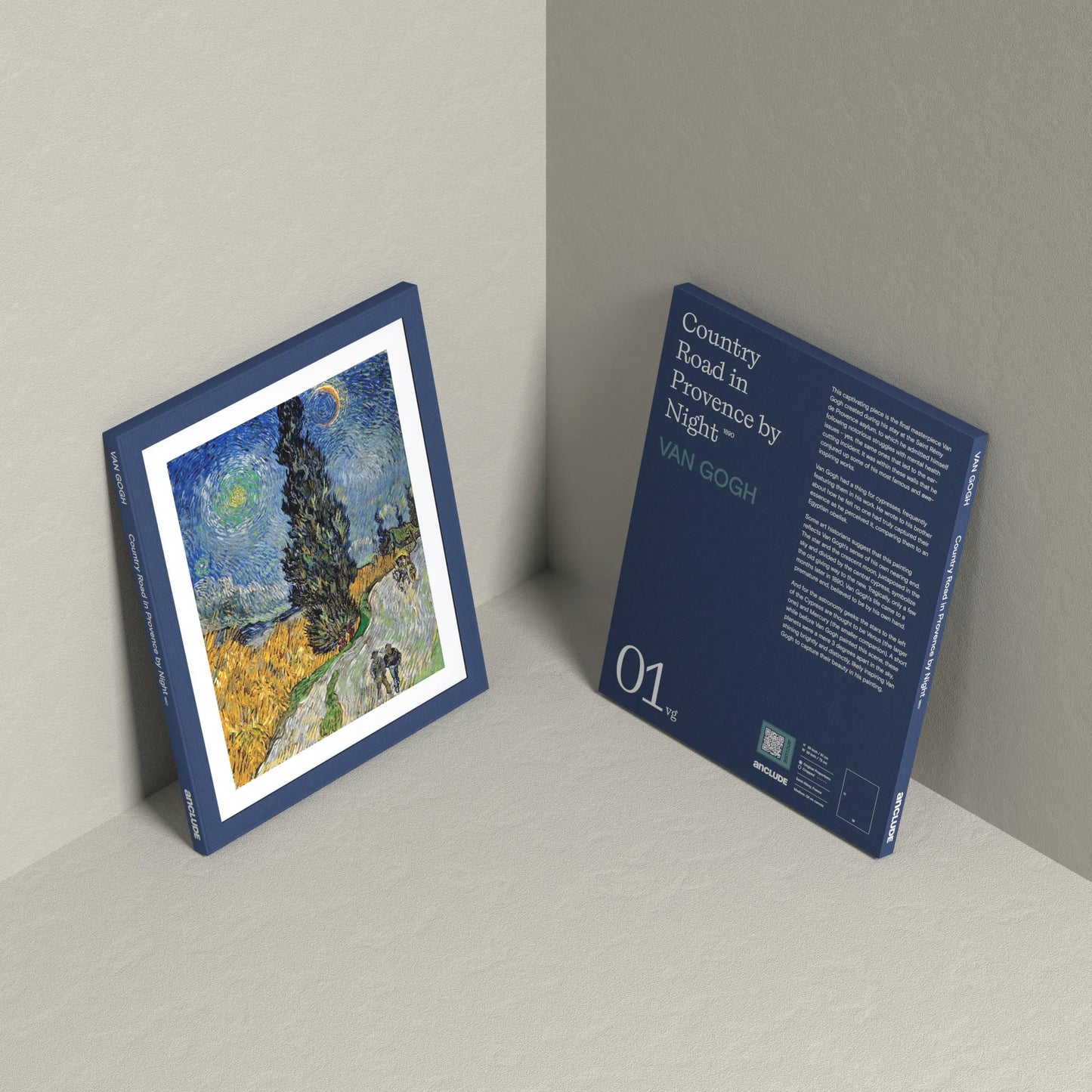 Corner setup showing front & back of Country Road in Provence by Night art print by Vincent Van Gogh on display, leaning against the wall