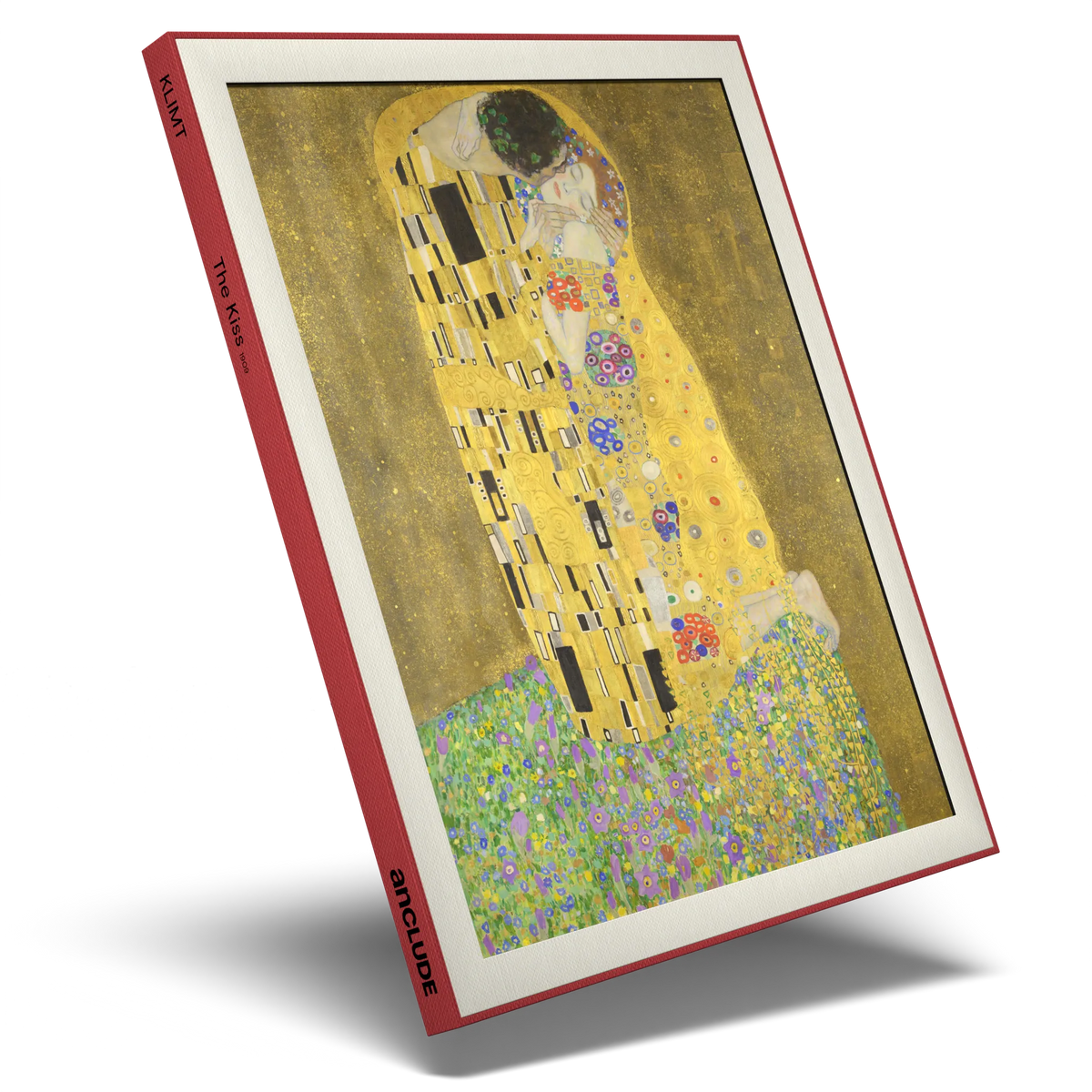 Angled view of an anclude reproduction of Gustav Klimt’s The Kiss.