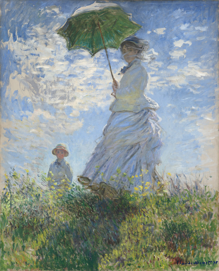 Claude Monet’s Woman with a Parasol — Madame Monet and Her Son, 1875: Camille Monet stands on a grassy hill under a parasol, with Jean lower in the grass.
