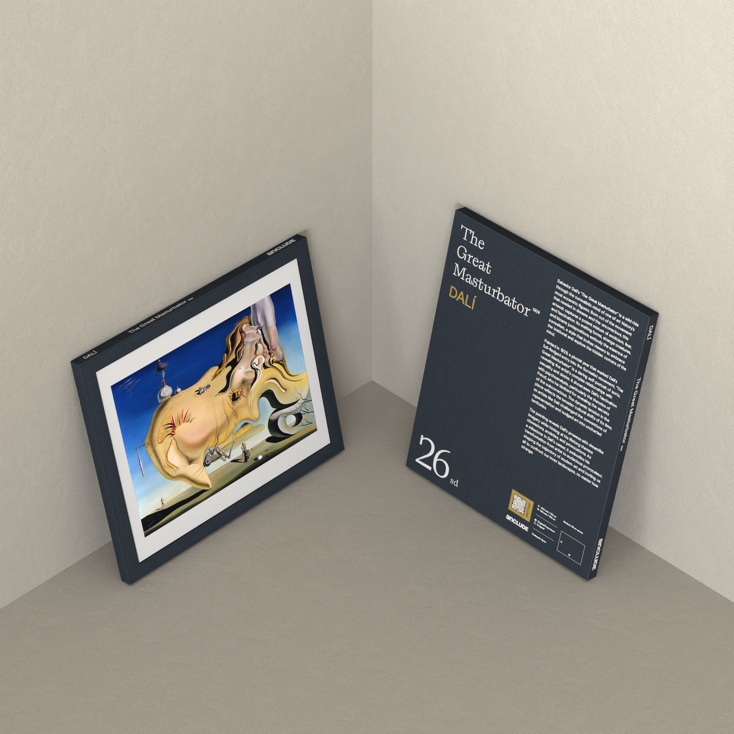 Corner setup showing front & back of The Great Masturbator art print by Salvador Dalí on display, leaning against the wall