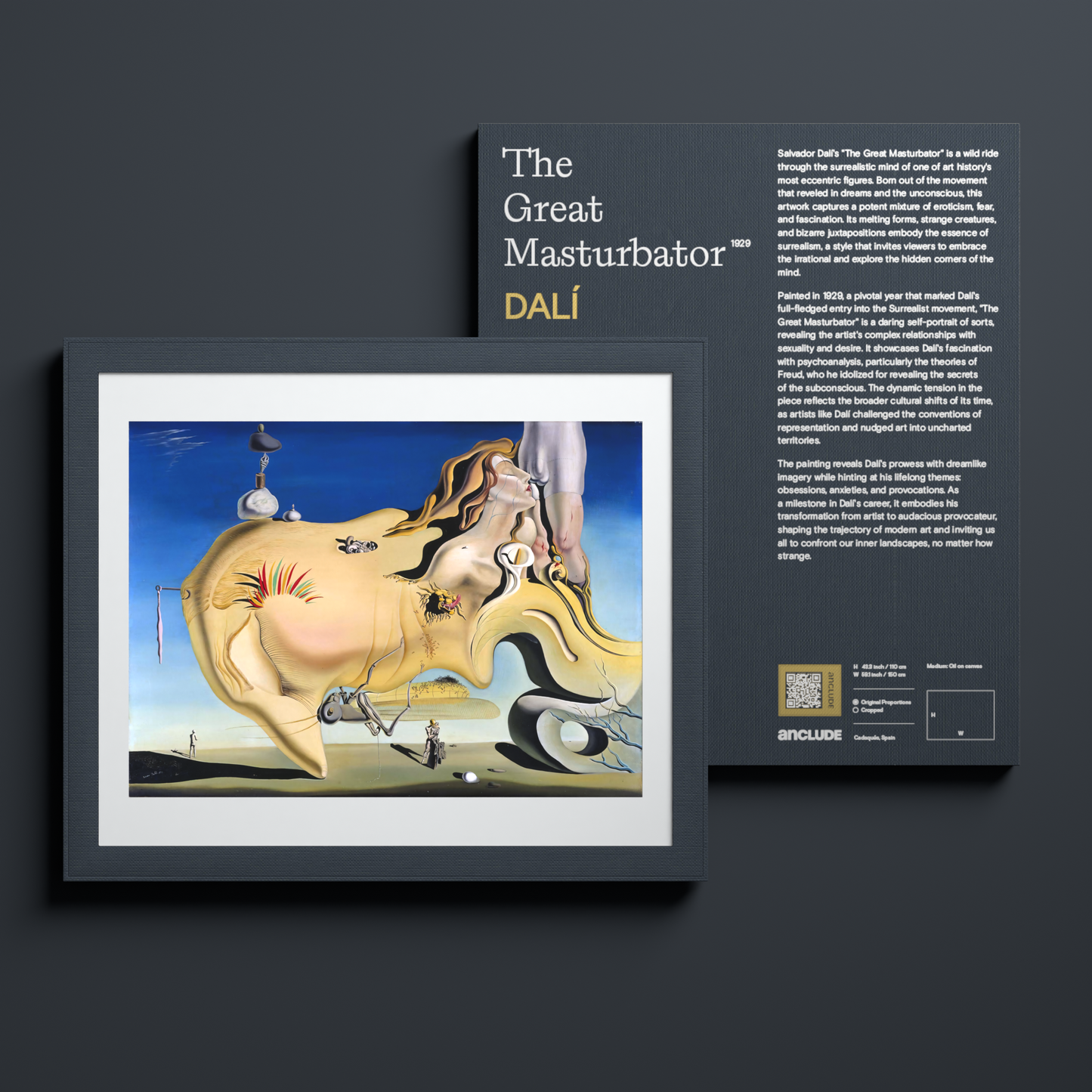 Front & back view of The Great Masturbator art print by Salvador Dalí in Anclude’s collectible format