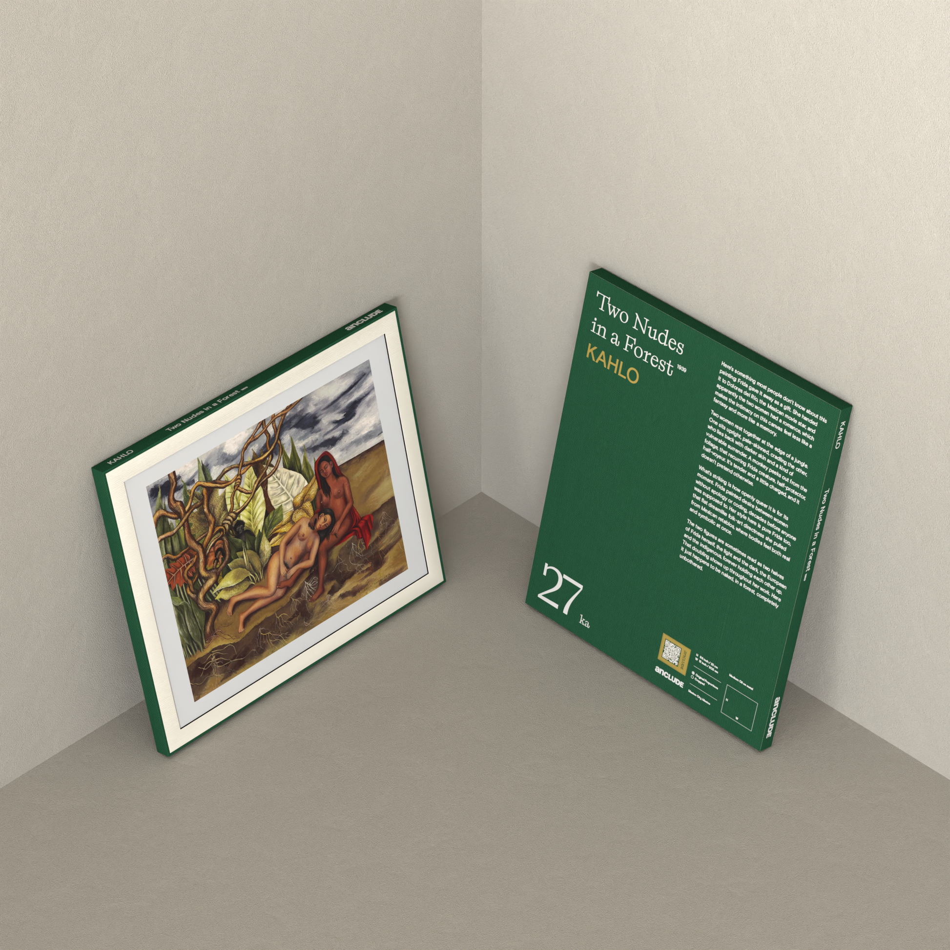 Corner setup showing front & back of Two Nudes in a Forest art print by Frida Kahlo on display, leaning against the wall