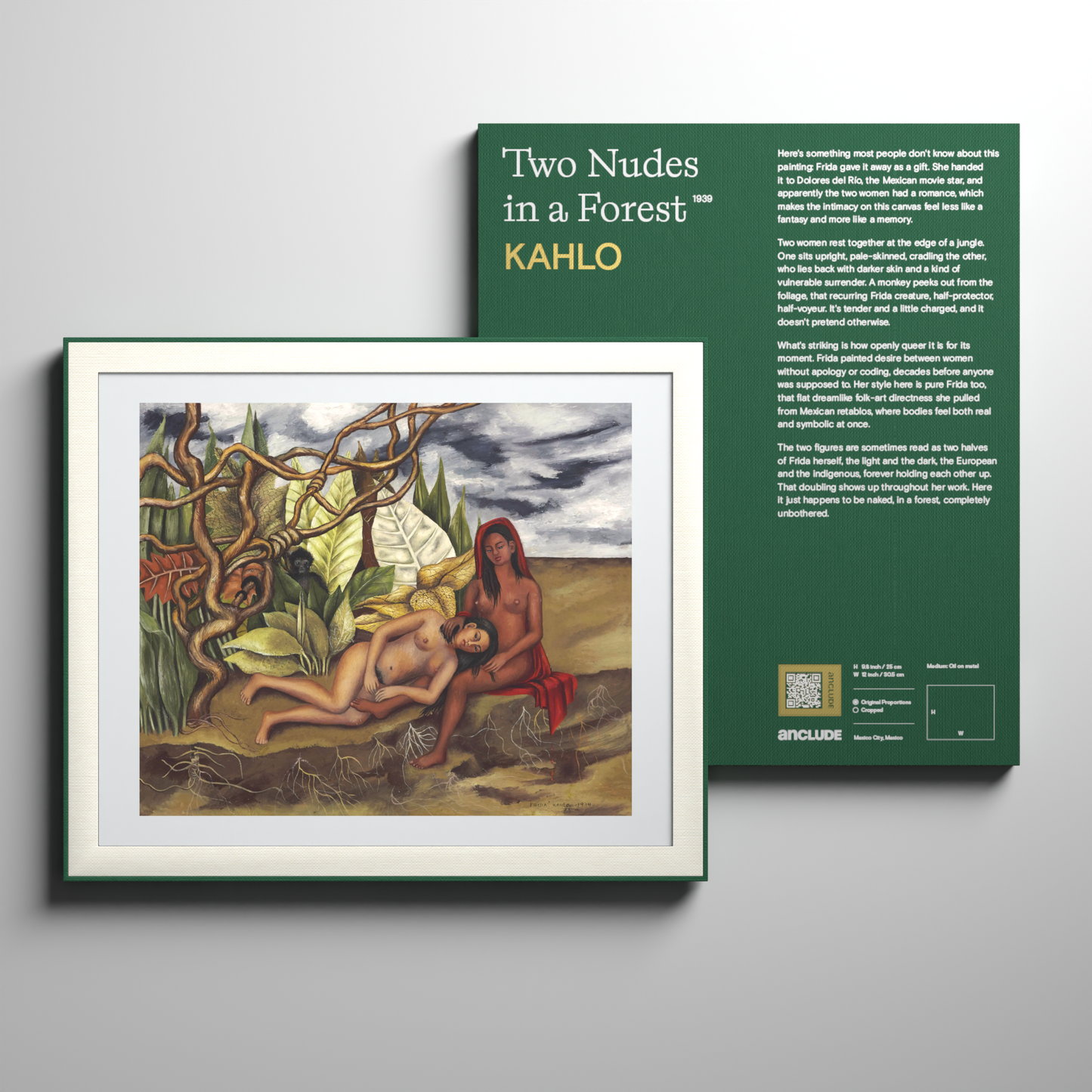 Front & back view of Two Nudes in a Forest art print by Frida Kahlo in Anclude’s collectible format
