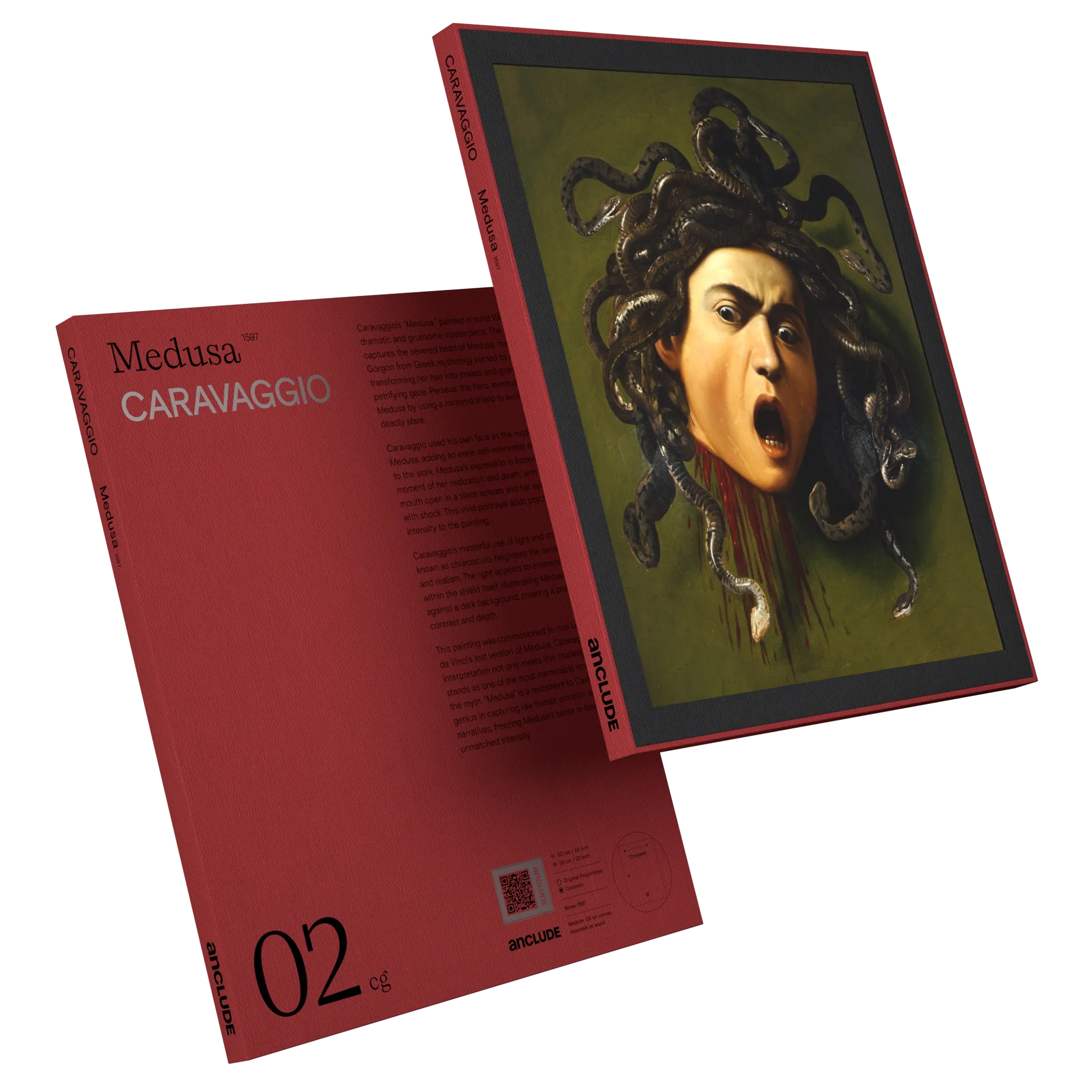 Art print by Michelangelo Merisi da Caravaggio: Medusa (alt: Art print by Michelangelo Merisi da Caravaggio: Medusa (alt: Angled front & back view of Medusa art print by Caravaggio in Anclude’s collectible format))