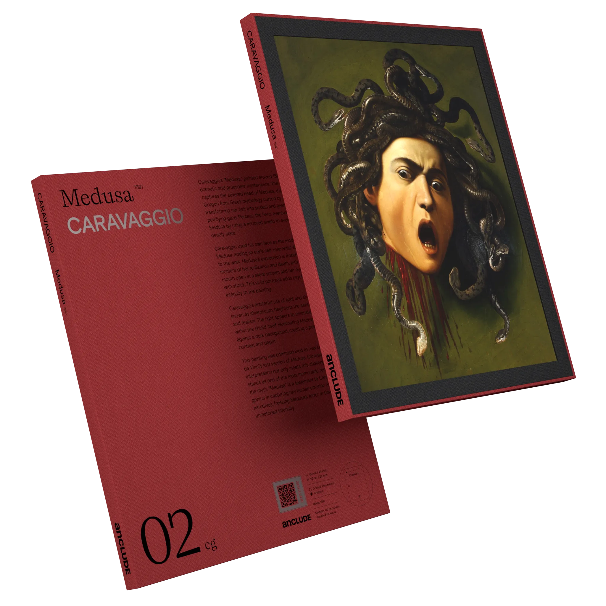 Art print by Michelangelo Merisi da Caravaggio: Medusa (alt: Art print by Michelangelo Merisi da Caravaggio: Medusa (alt: Angled front & back view of Medusa art print by Caravaggio in Anclude’s collectible format))