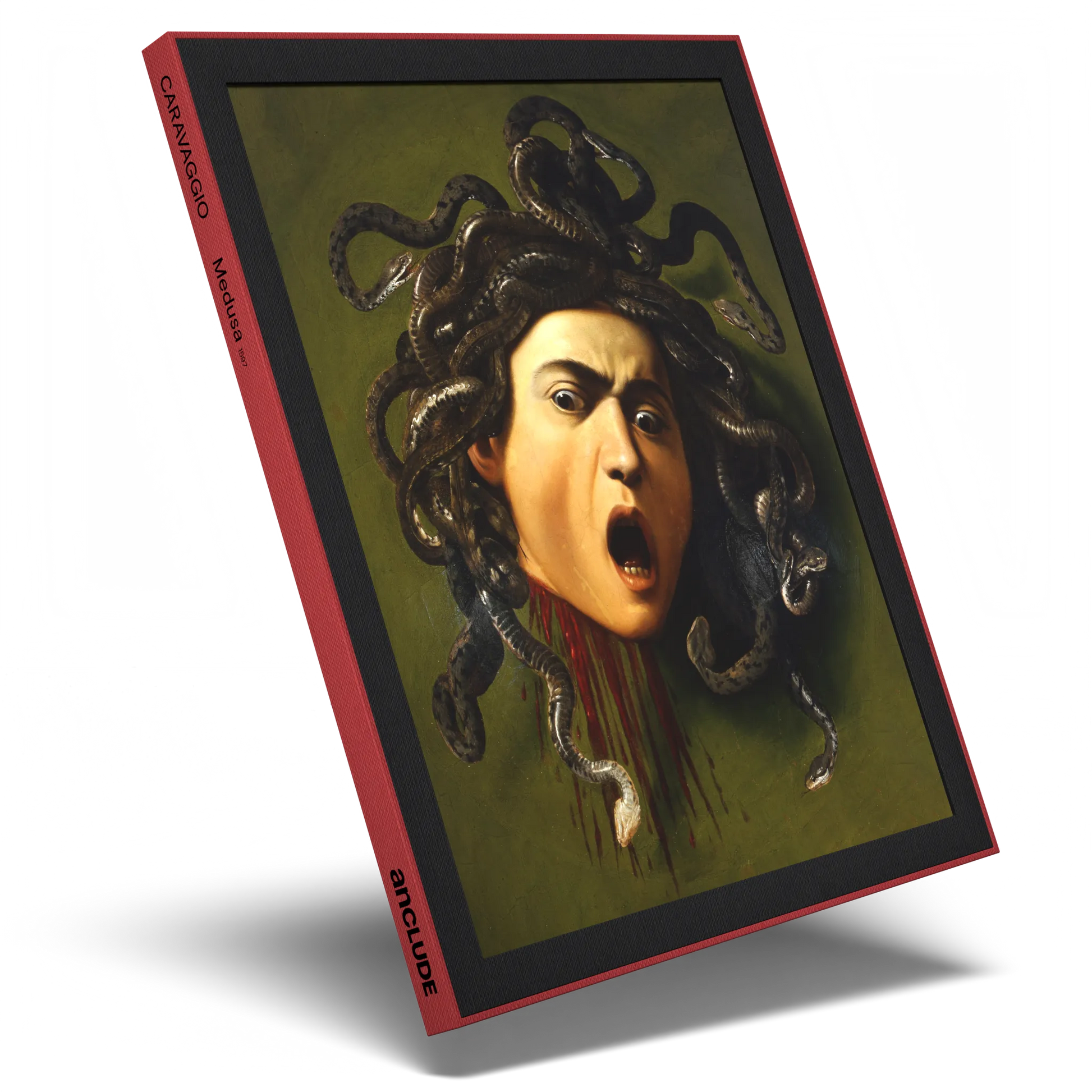 Angled shot of Medusa art print by Michelangelo Merisi da Caravaggio in Anclude’s collectible format
