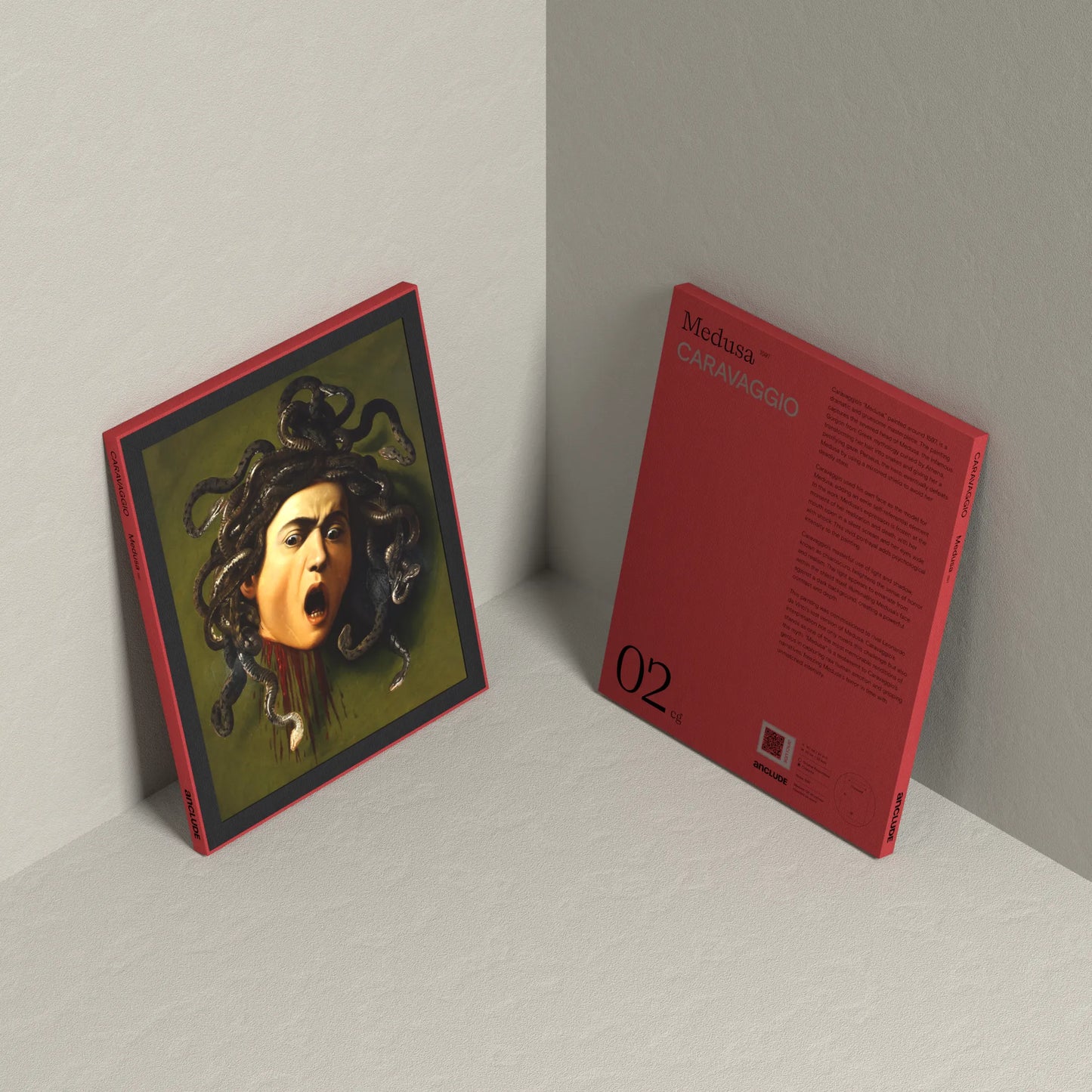 Corner setup showing front & back of Medusa art print by Michelangelo Merisi da Caravaggio on display, leaning against the wall