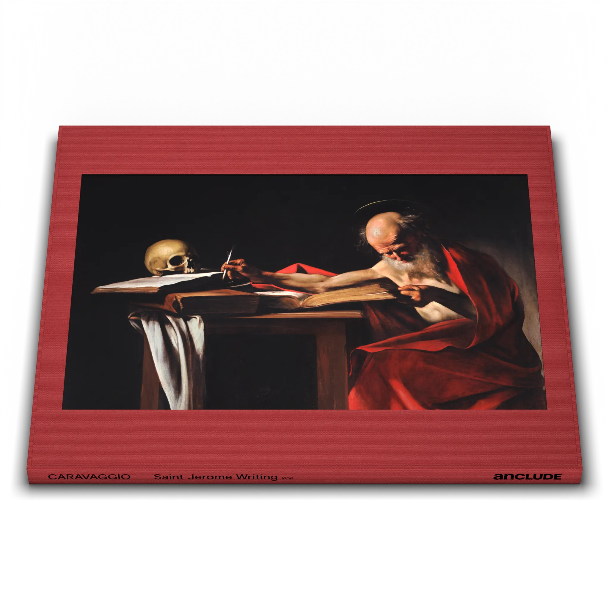Low angle front view of Anclude's museum-quality art print: Michelangelo Merisi da Caravaggio’s Saint Jerome Writing