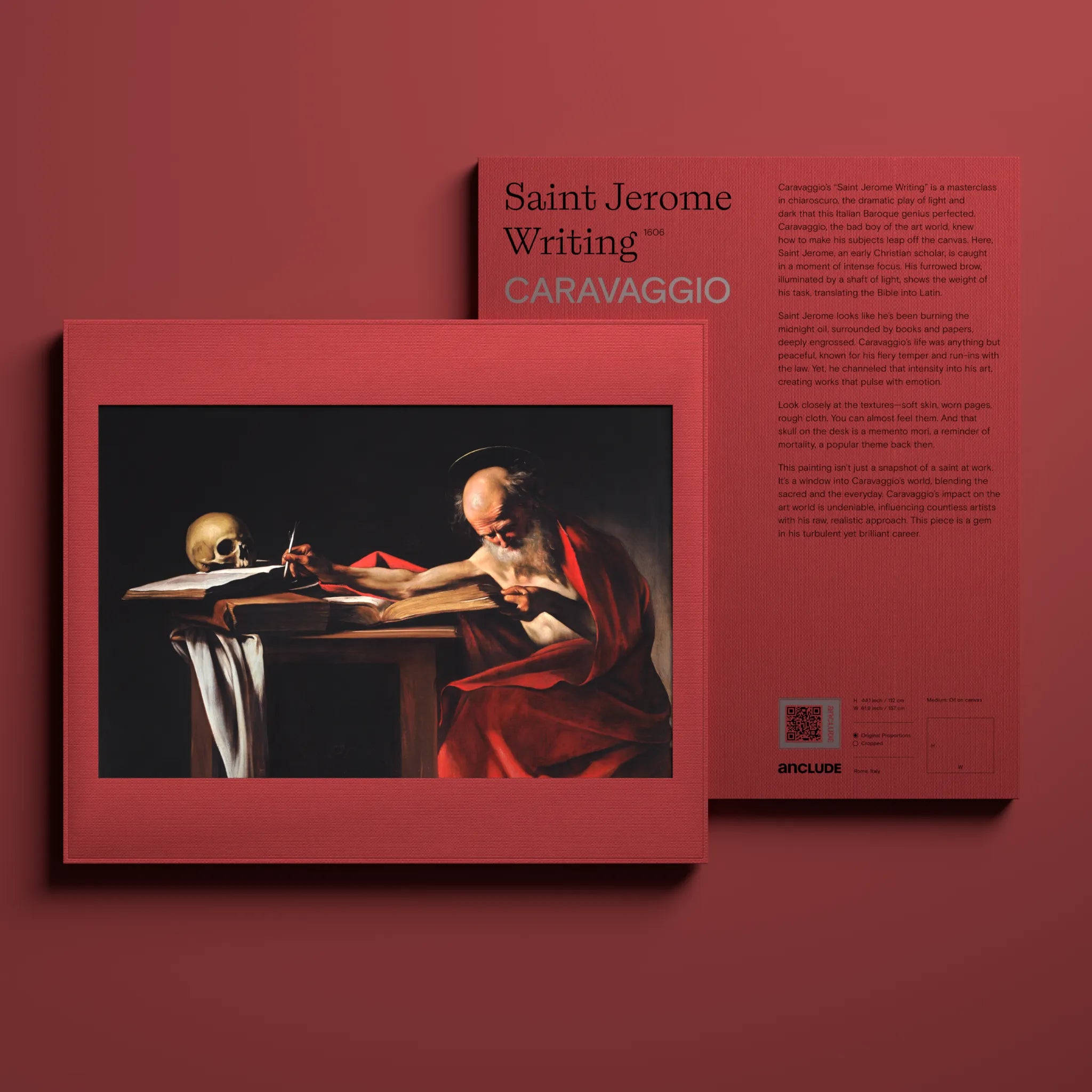 Front & back view of Saint Jerome Writing art print by Michelangelo Merisi da Caravaggio in Anclude’s collectible format