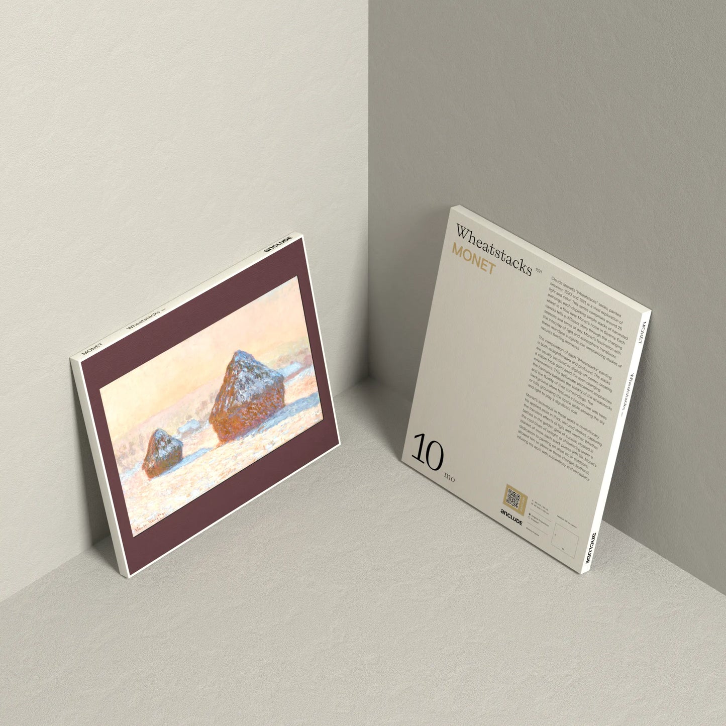 Corner setup showing front & back of Wheatstacks art print by Claude Monet on display, leaning against the wall