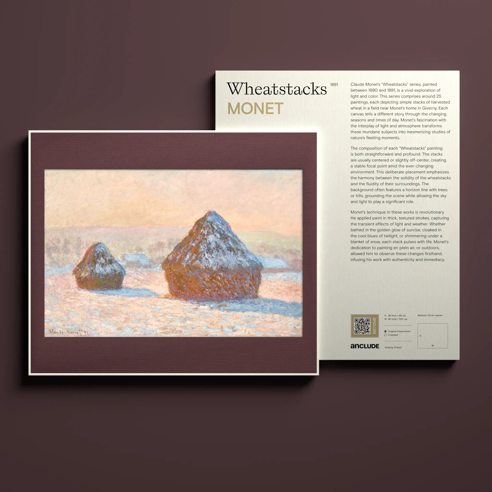 Front & back view of Wheatstacks art print by Claude Monet in Anclude’s collectible format
