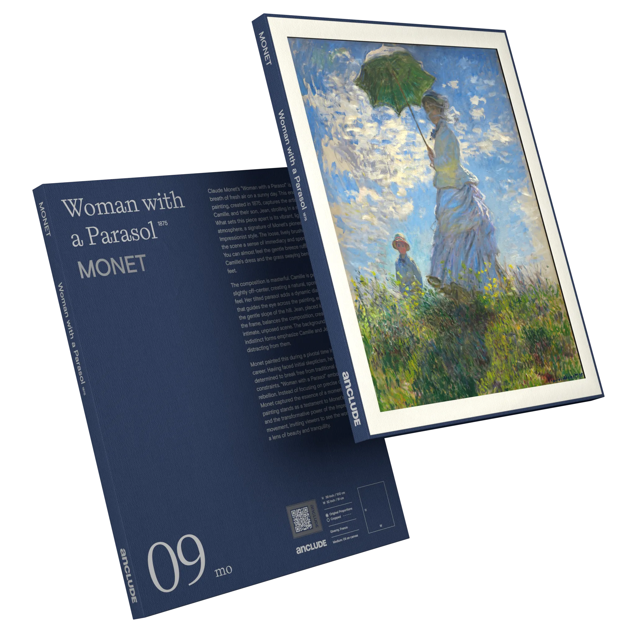 Art print by Claude Monet: Woman with a Parasol (alt: Art print by Claude Monet: Woman with a Parasol (alt: Angled front & back view of Woman with a Parasol art print by Monet in Anclude’s collectible format))