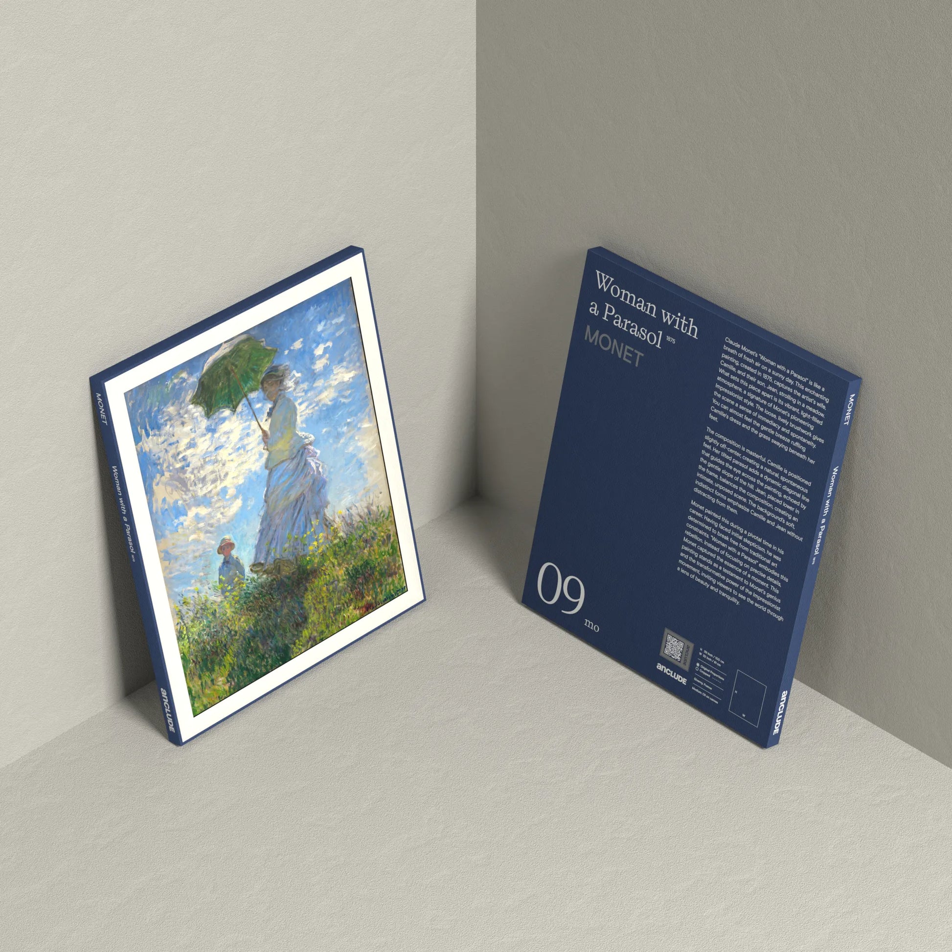 Corner setup showing front & back of Woman with a Parasol art print by Claude Monet on display, leaning against the wall