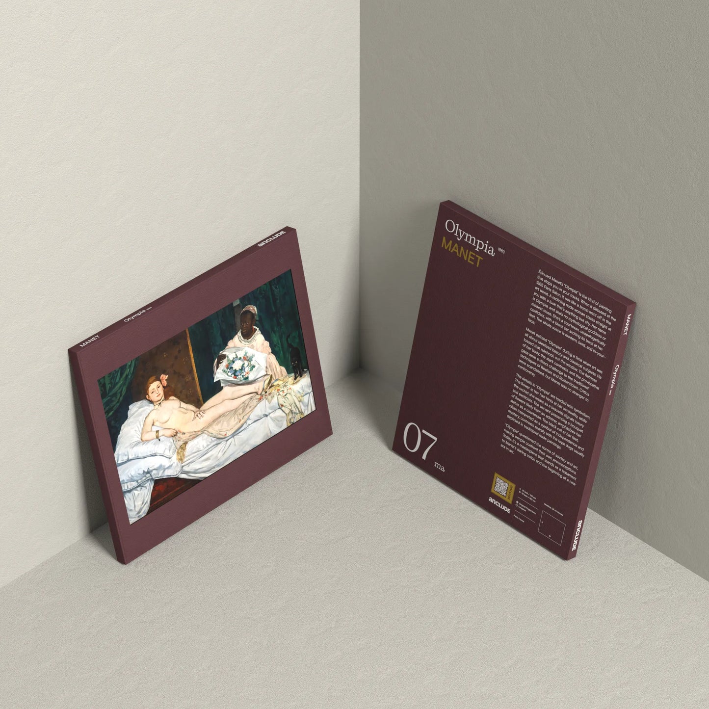 Corner setup showing front & back of Olympia art print by Édouard Manet on display, leaning against the wall