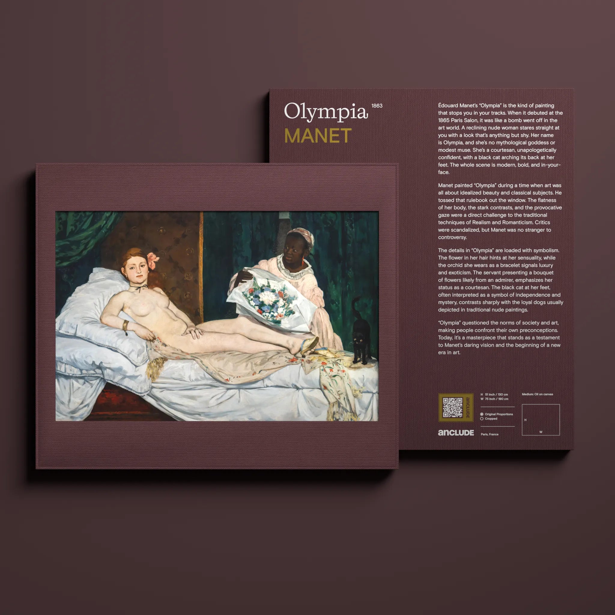 Front & back view of Olympia art print by Édouard Manet in Anclude’s collectible format