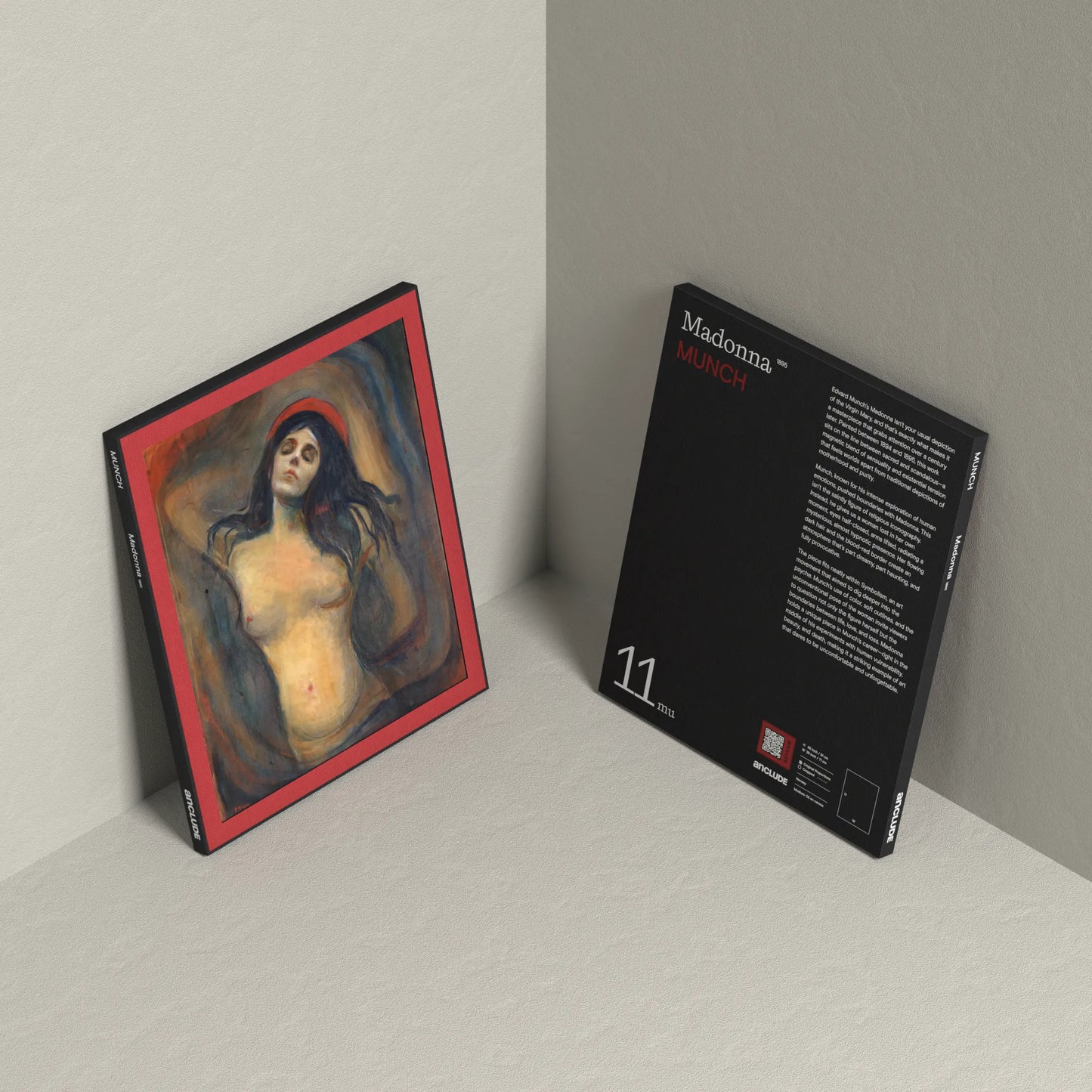 Corner setup showing front & back of Madonna art print by Edvard Munch on display, leaning against the wall