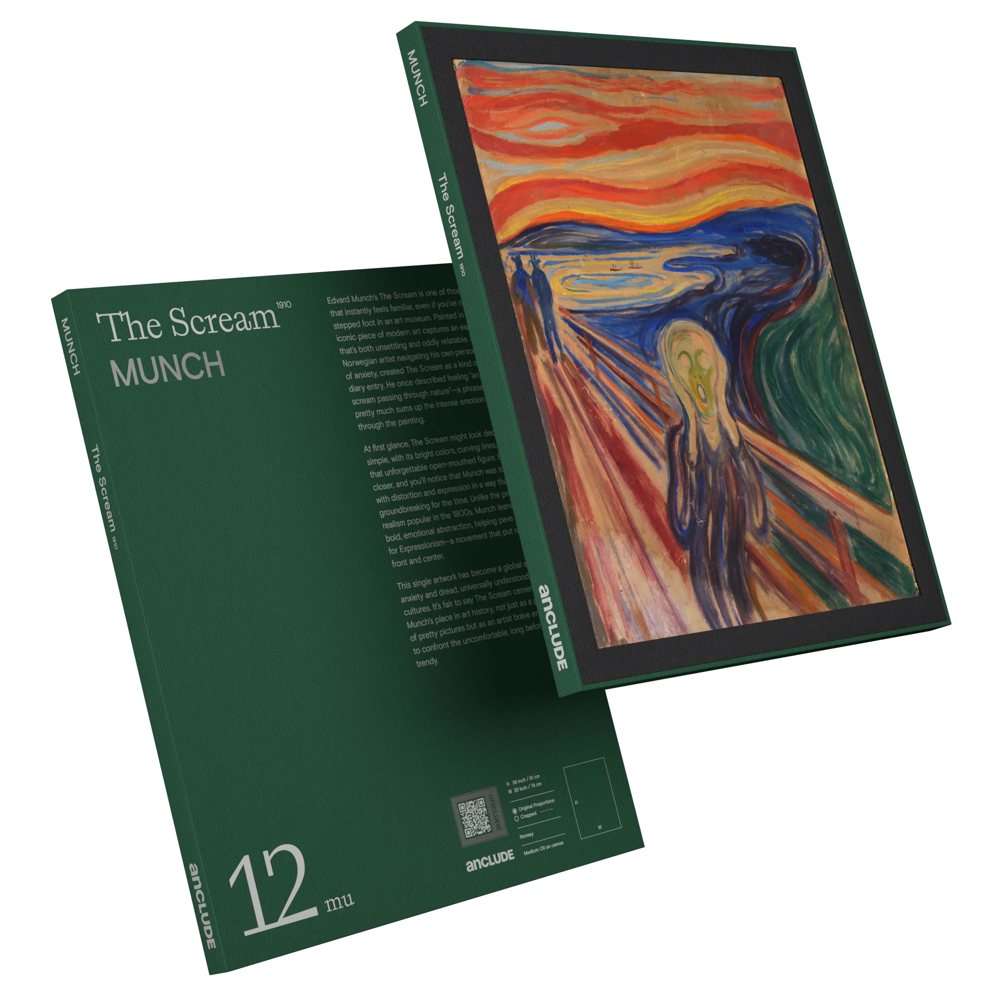Art print by Edvard Munch: The Scream (alt: Art print by Edvard Munch: The Scream (alt: Angled front & back view of The Scream art print by Munch in Anclude’s collectible format))