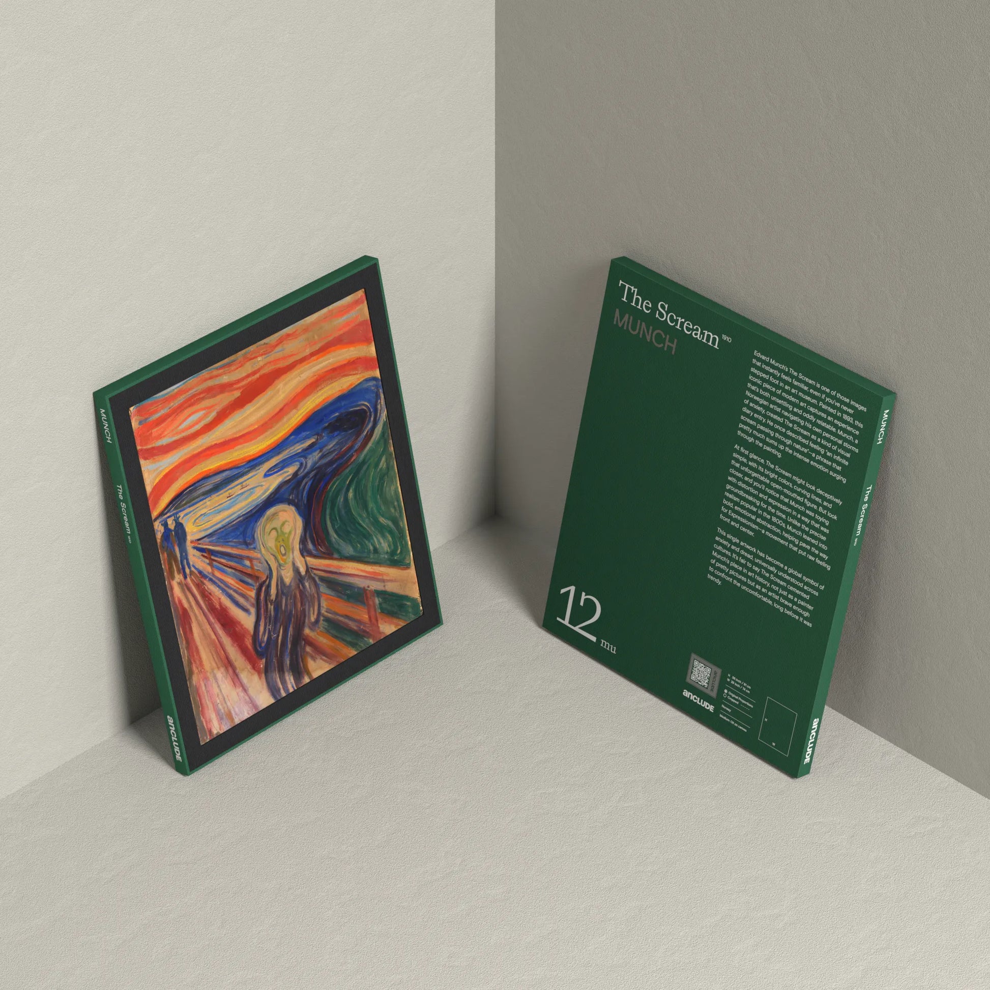 Corner setup showing front & back of The Scream art print by Edvard Munch on display, leaning against the wall
