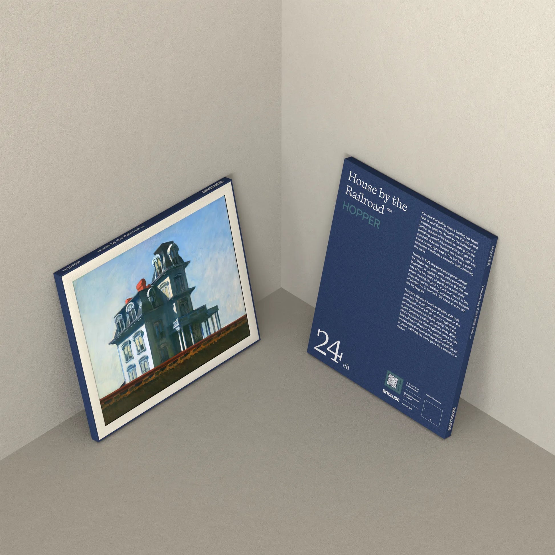 Corner setup showing front & back of House by the Railroad art print by Edward Hopper on display, leaning against the wall