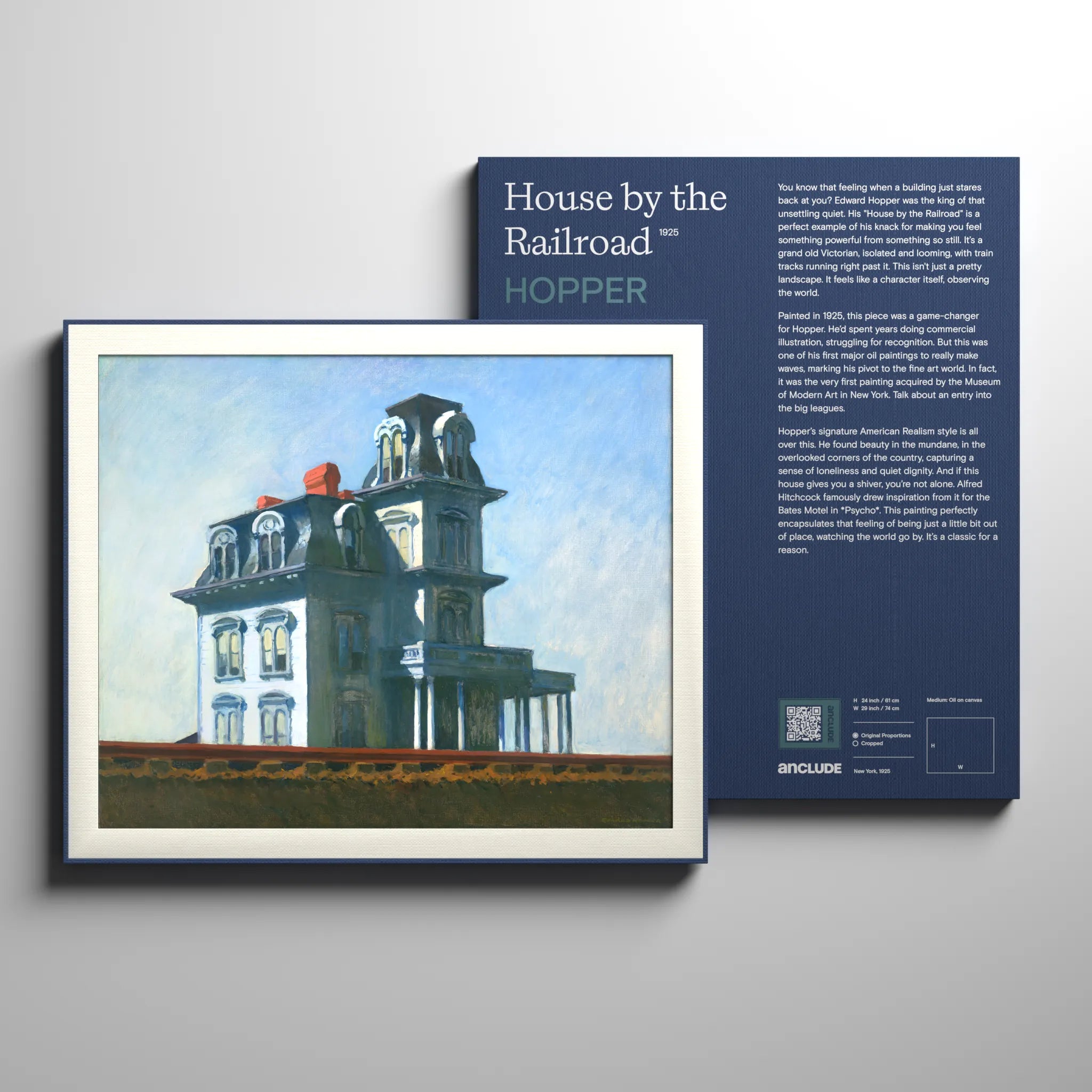 Front & back view of House by the Railroad art print by Edward Hopper in Anclude’s collectible format