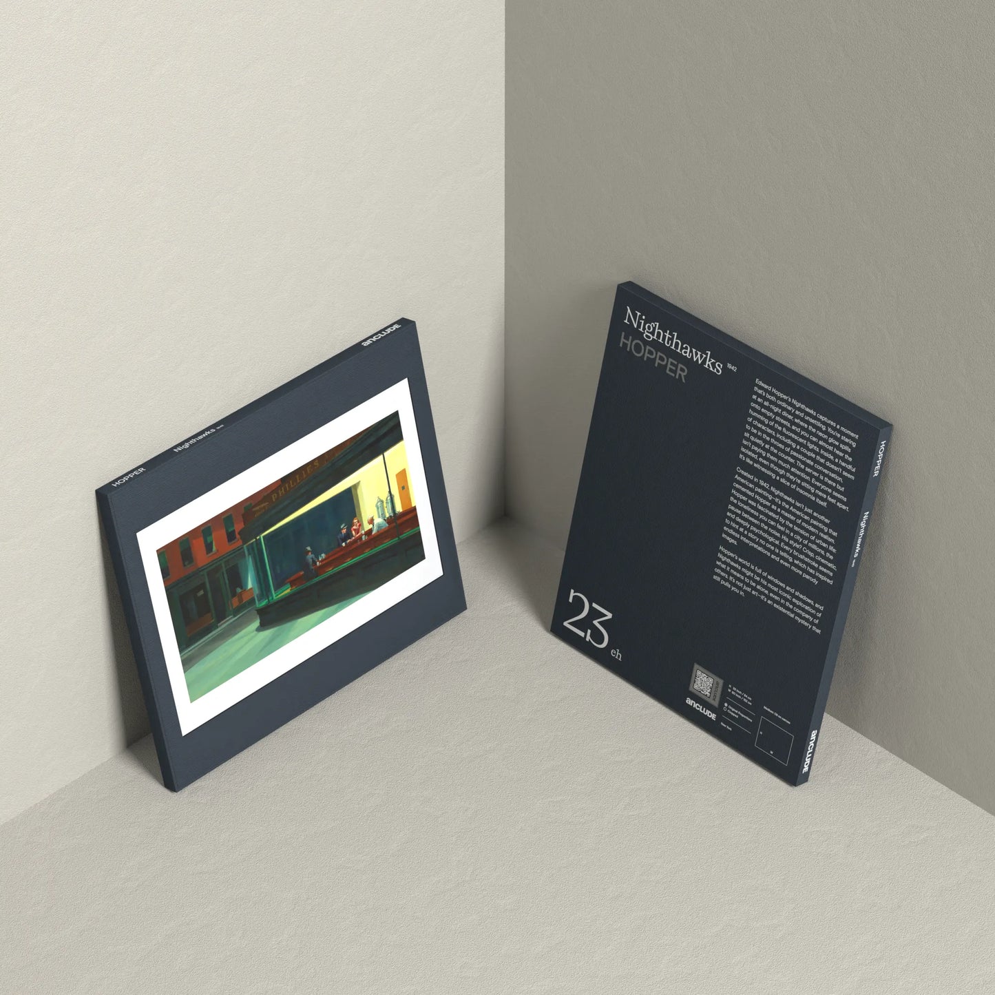 Corner setup showing front & back of Nighthawks art print by Edward Hopper on display, leaning against the wall