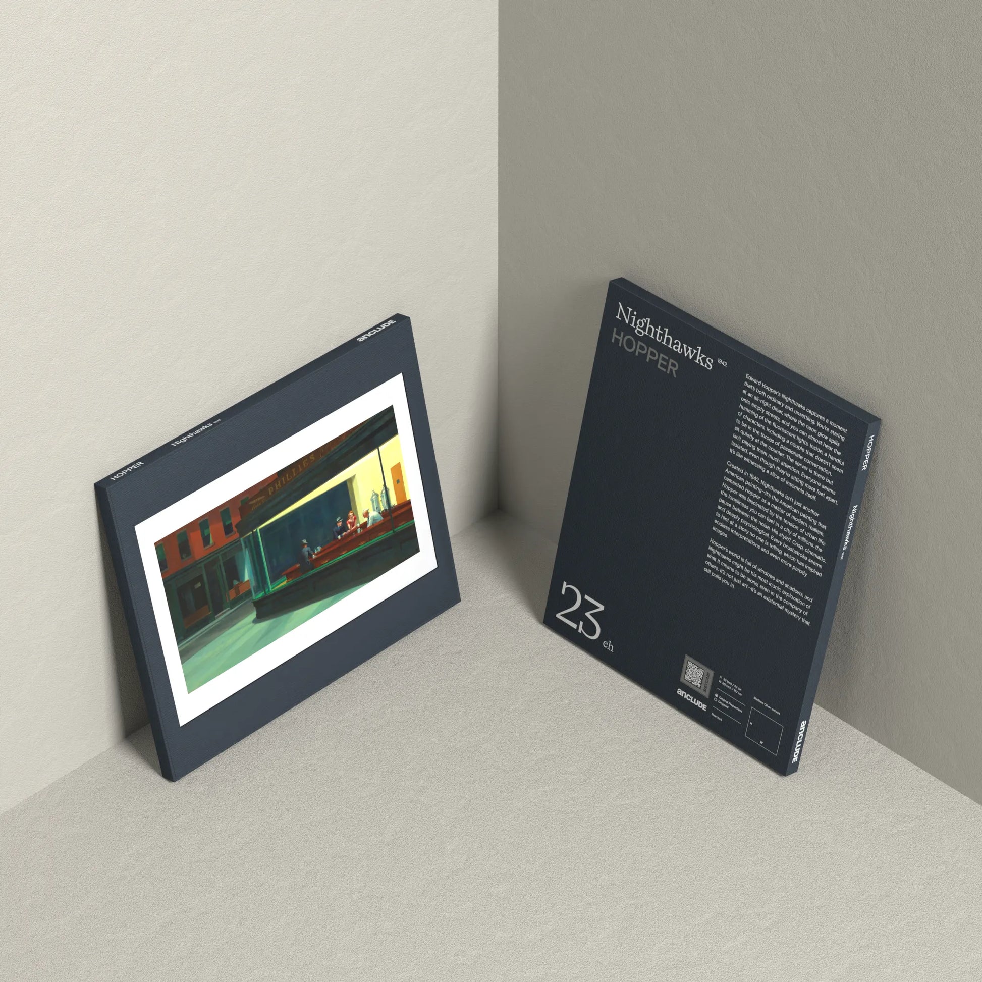 Corner setup showing front & back of Nighthawks art print by Edward Hopper on display, leaning against the wall
