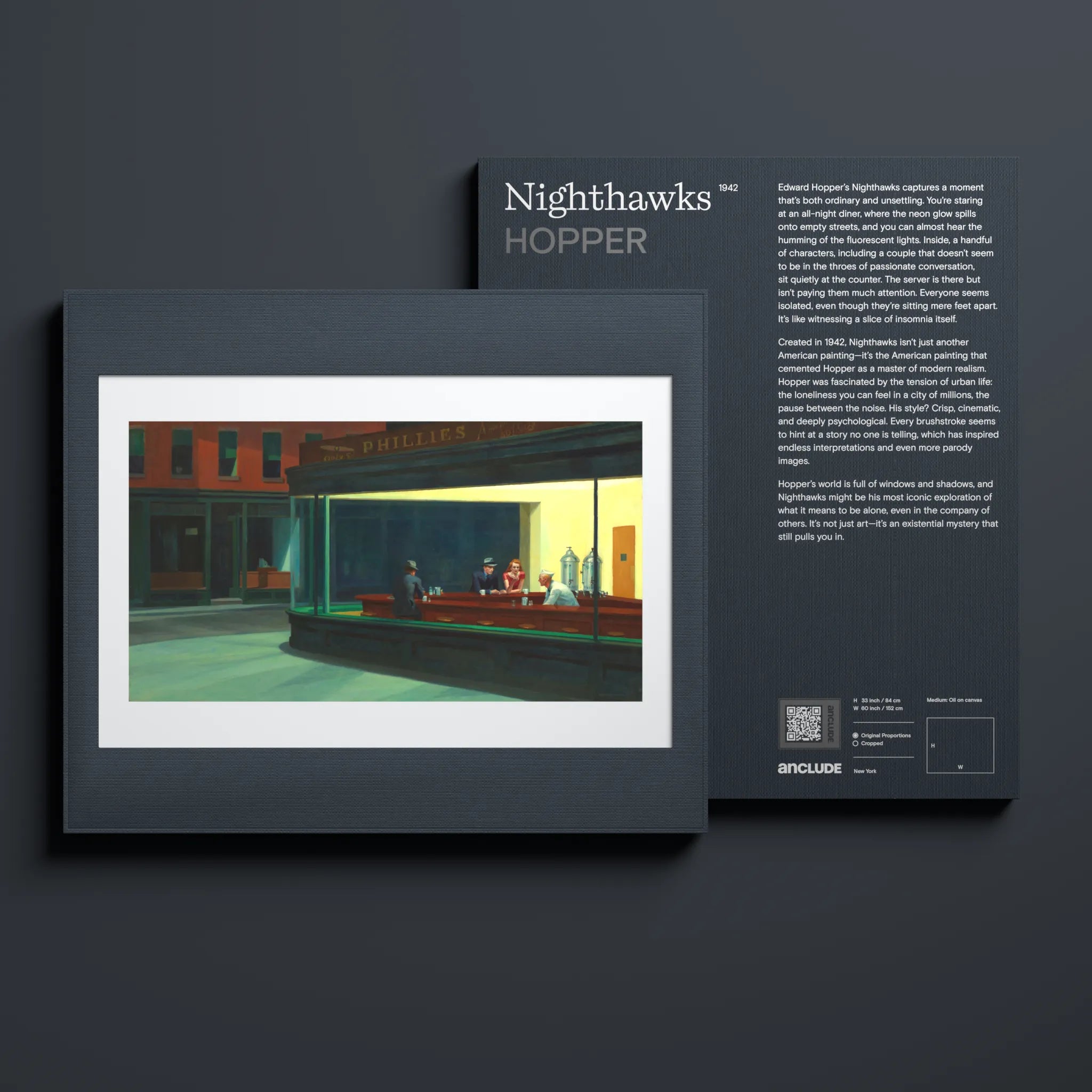 Front & back view of Nighthawks art print by Edward Hopper in Anclude’s collectible format