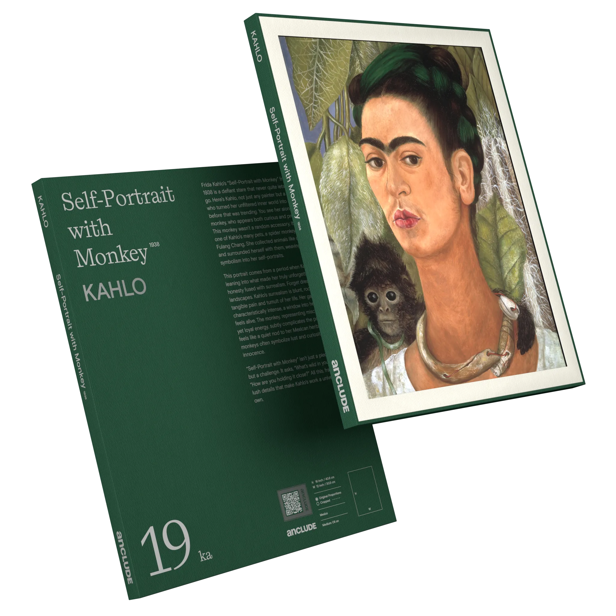 Art print by Frida Kahlo: Self-Portrait with Monkey (alt: Art print by Frida Kahlo: Self-Portrait with Monkey (alt: Angled front & back view of Self-Portrait with Monkey art print by Kahlo in Anclude’s collectible format))