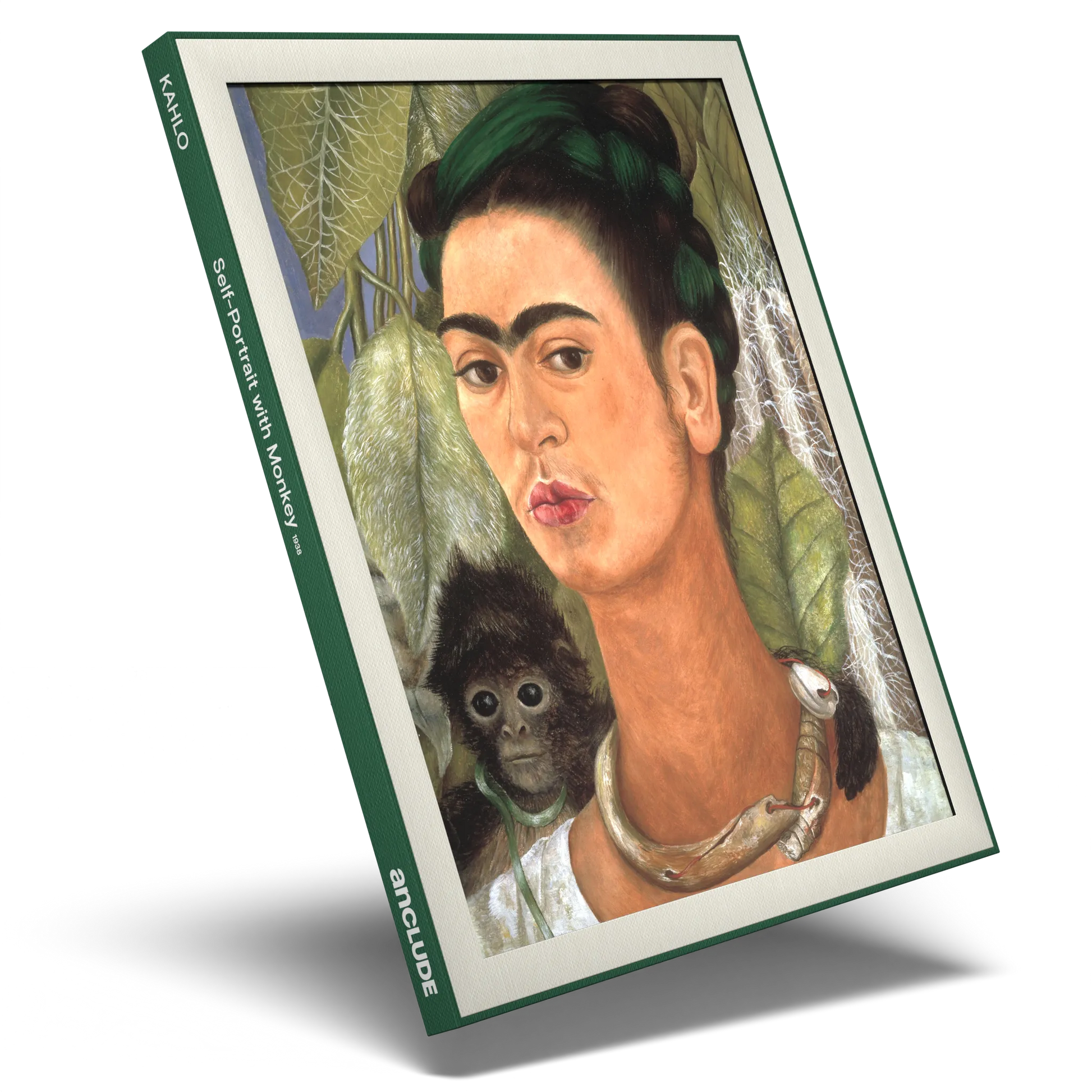 Angled shot of Self-Portrait with Monkey art print by Frida Kahlo in Anclude’s collectible format