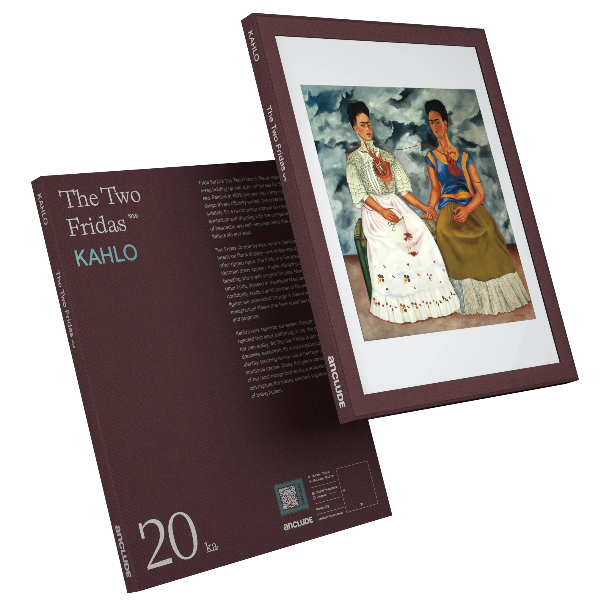 Art print by Frida Kahlo: The Two Fridas (alt: Art print by Frida Kahlo: The Two Fridas (alt: Angled front & back view of The Two Fridas art print by Kahlo in Anclude’s collectible format))