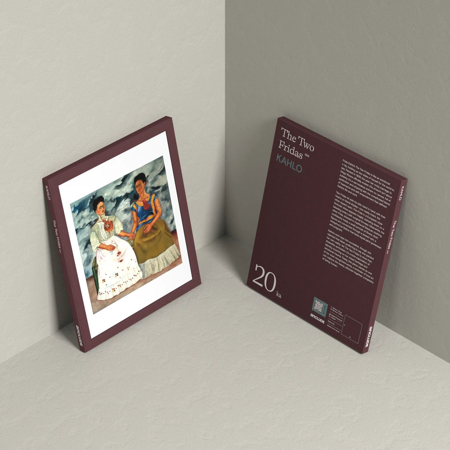 Corner setup showing front & back of The Two Fridas art print by Frida Kahlo on display, leaning against the wall