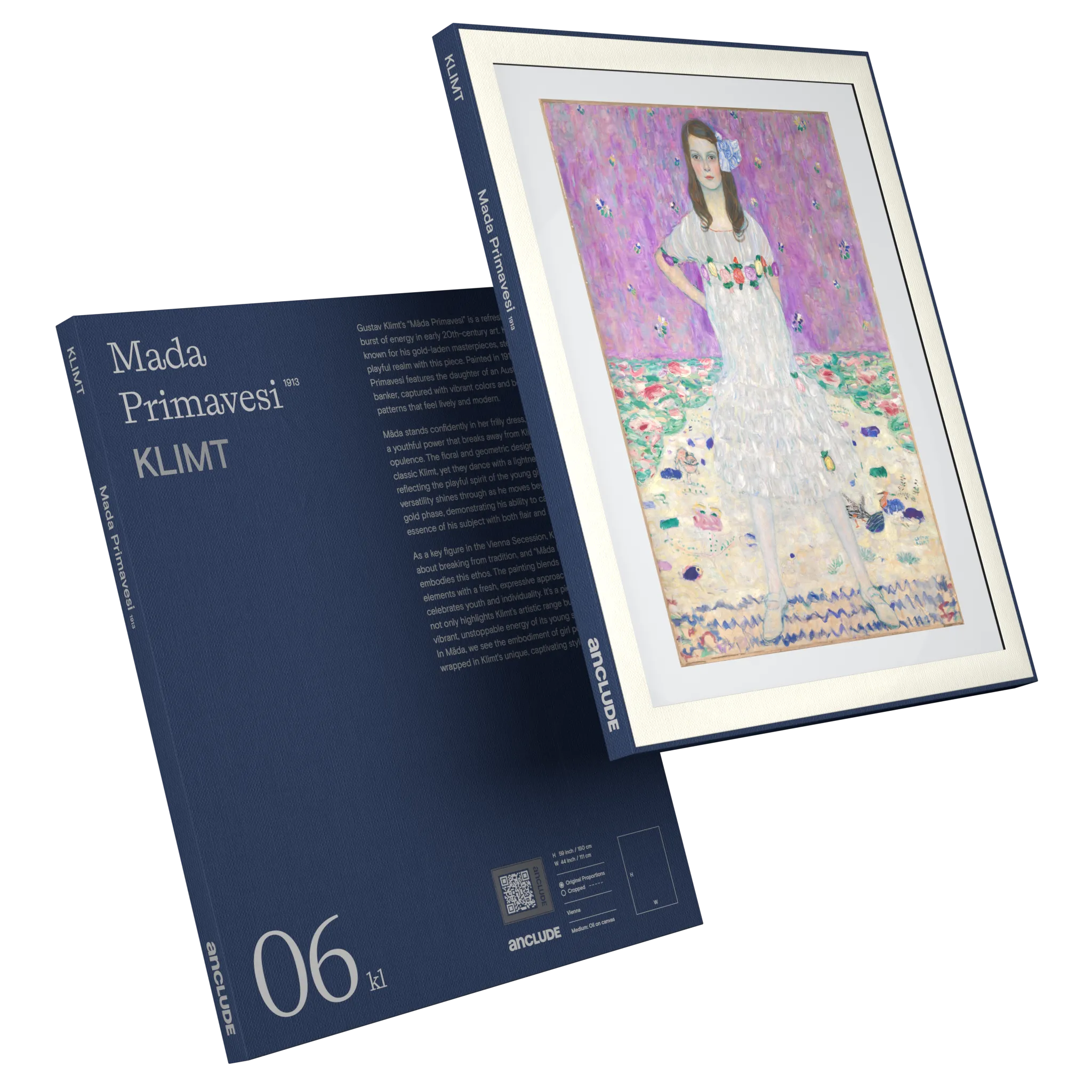 Art print by Gustav Klimt: Mäda Primavesi (alt: Art print by Gustav Klimt: Mäda Primavesi (alt: Angled front & back view of Mäda Primavesi art print by Klimt in Anclude’s collectible format))
