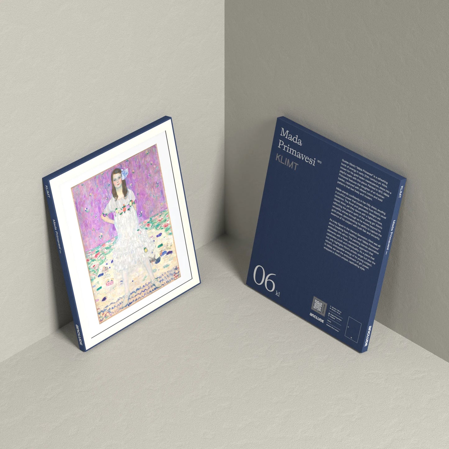 Corner setup showing front & back of Mäda Primavesi art print by Gustav Klimt on display, leaning against the wall