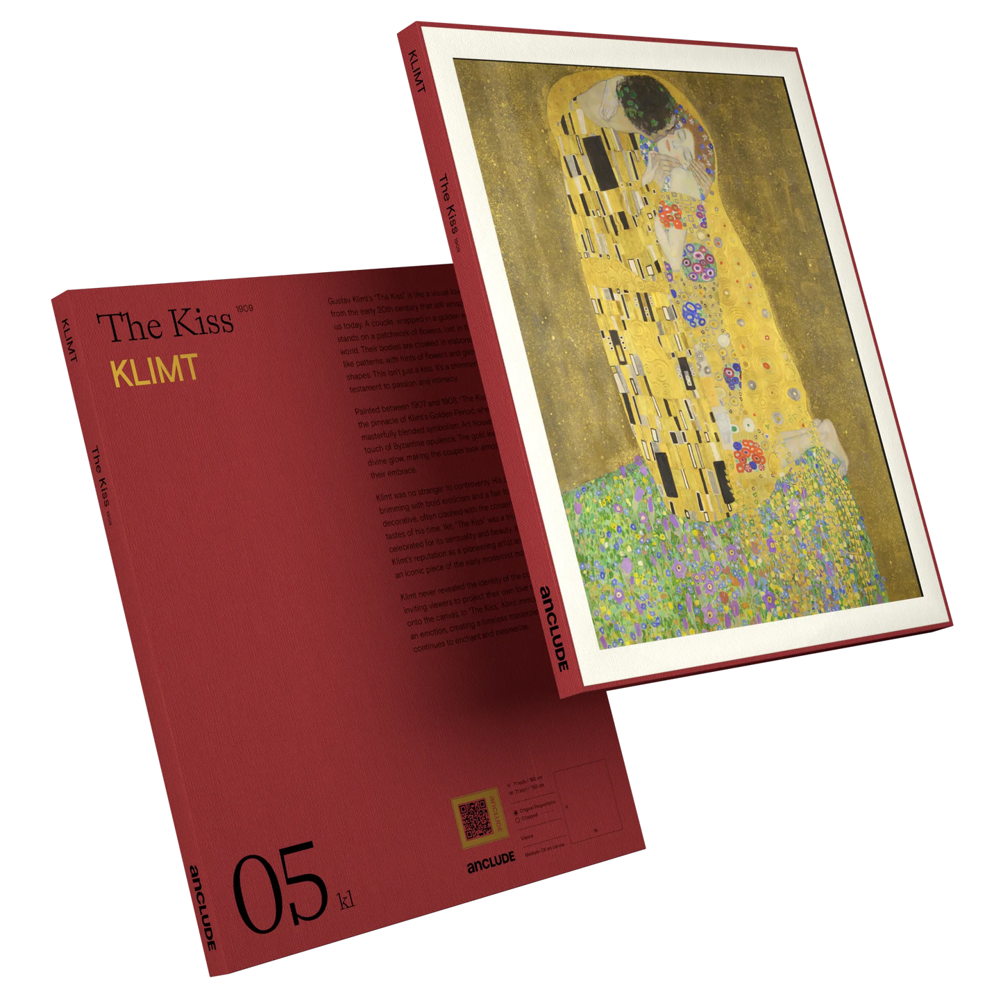 Art print by Gustav Klimt: The Kiss (alt: Art print by Gustav Klimt: The Kiss (alt: Angled front & back view of The Kiss art print by Klimt in Anclude’s collectible format))