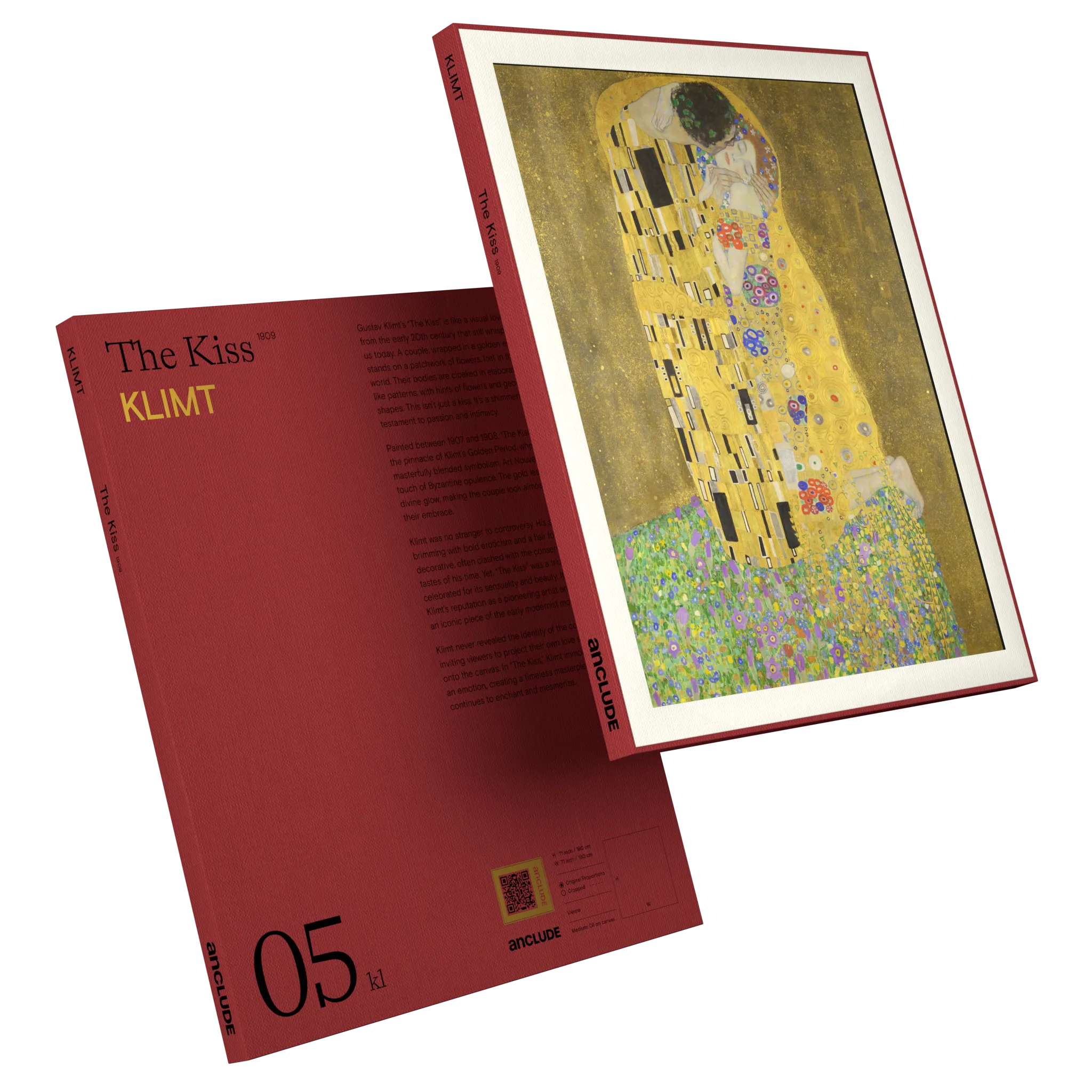 Art print by Gustav Klimt: The Kiss (alt: Art print by Gustav Klimt: The Kiss (alt: Angled front & back view of The Kiss art print by Klimt in Anclude’s collectible format))