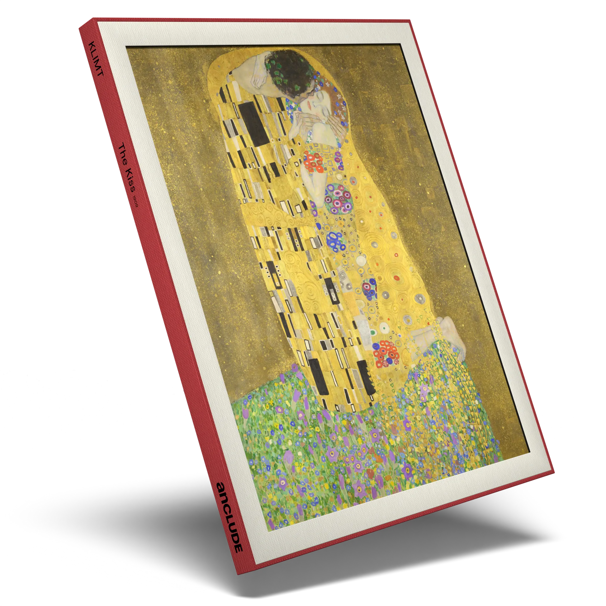 Angled shot of The Kiss art print by Gustav Klimt in Anclude’s collectible format