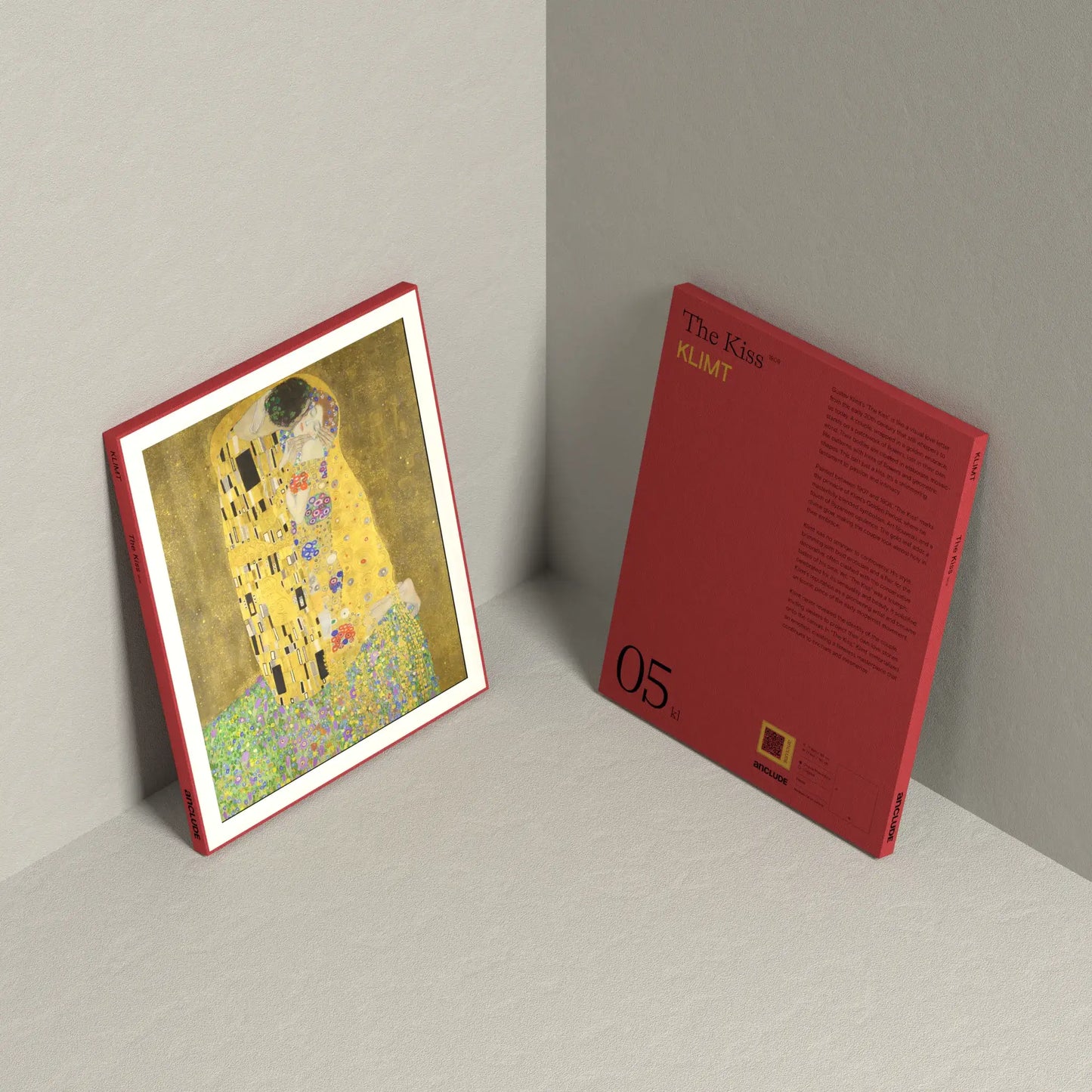 Corner setup showing front & back of The Kiss art print by Gustav Klimt on display, leaning against the wall