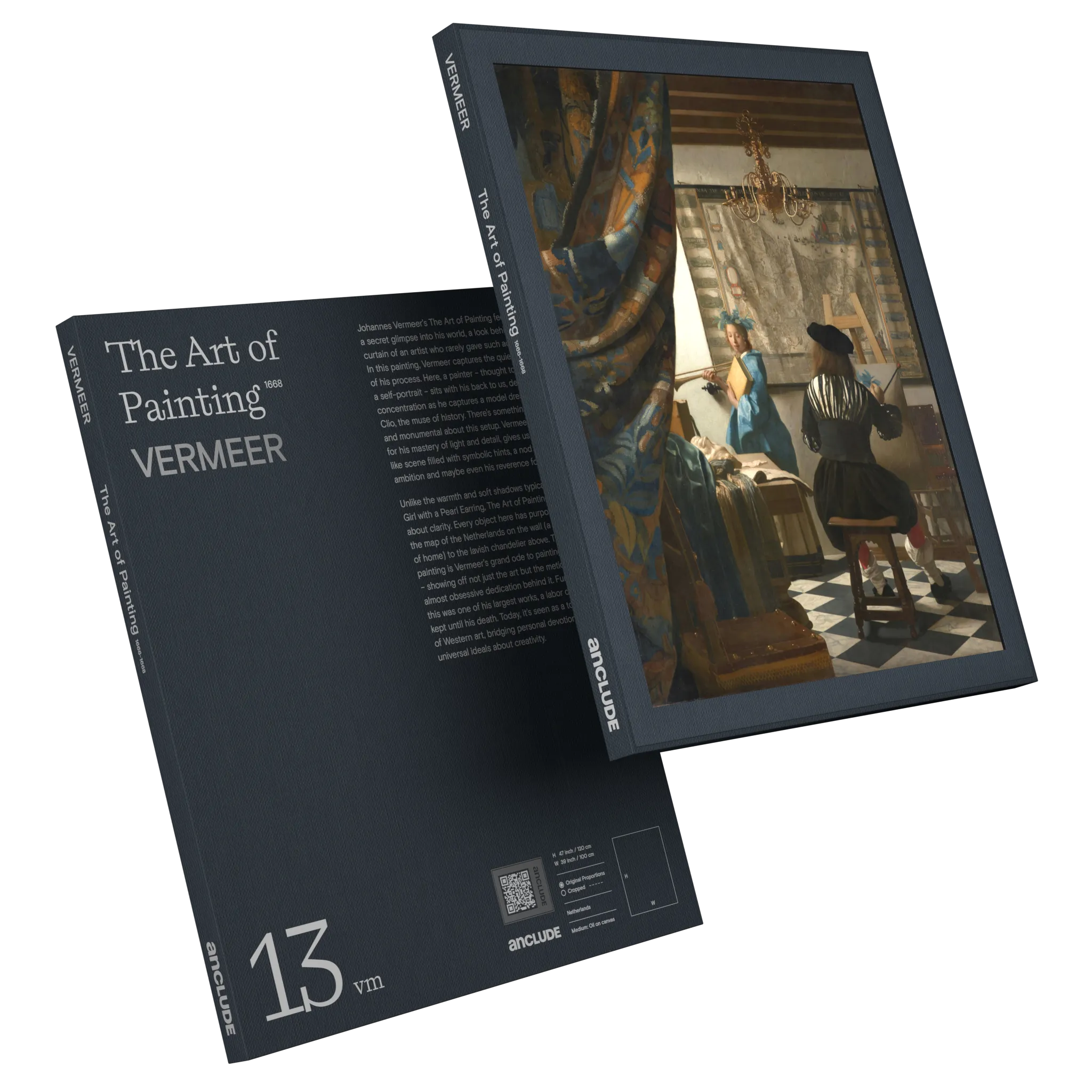 Art print by Johannes Vermeer: The Art of Painting (alt: Art print by Johannes Vermeer: The Art of Painting (alt: Angled front & back view of The Art of Painting art print by Vermeer in Anclude’s collectible format))