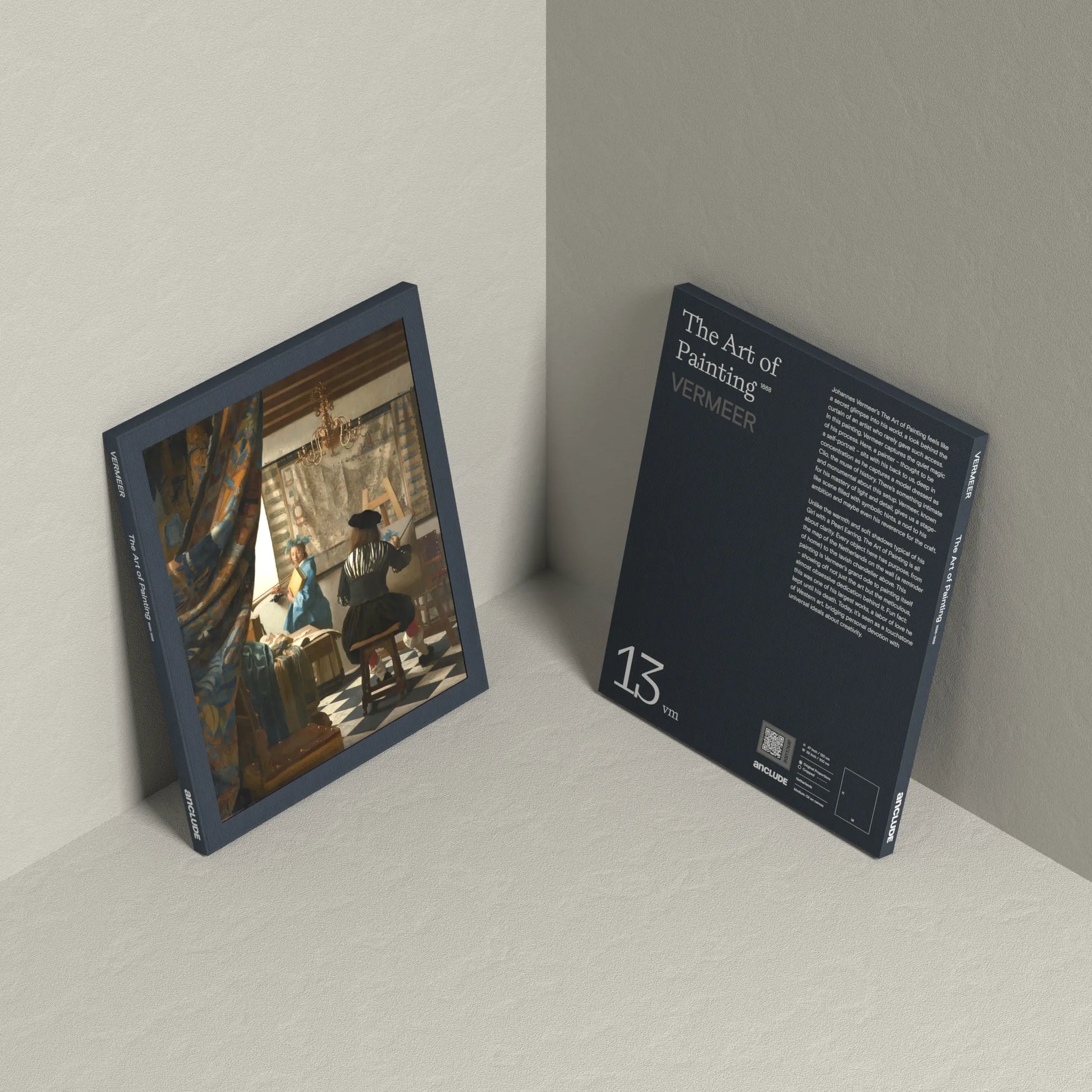 Corner setup showing front & back of The Art of Painting art print by Johannes Vermeer on display, leaning against the wall