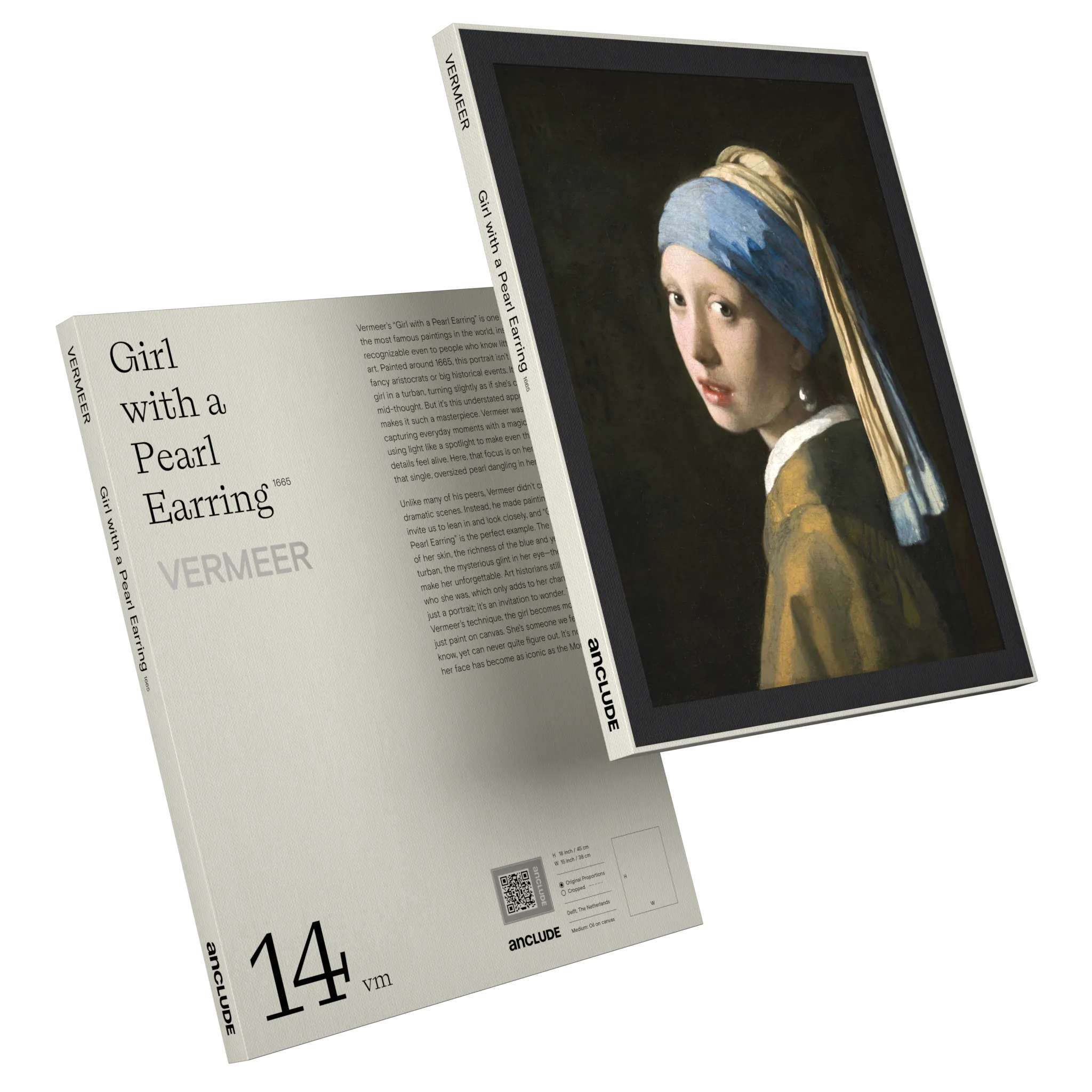 Art print by Johannes Vermeer: Girl with a Pearl Earring (alt: Art print by Johannes Vermeer: Girl with a Pearl Earring (alt: Angled front & back view of Girl with a Pearl Earring art print by Vermeer in Anclude’s collectible format))