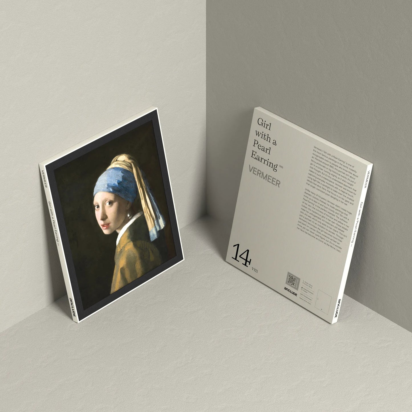 Corner setup showing front & back of Girl with a Pearl Earring art print by Johannes Vermeer on display, leaning against the wall