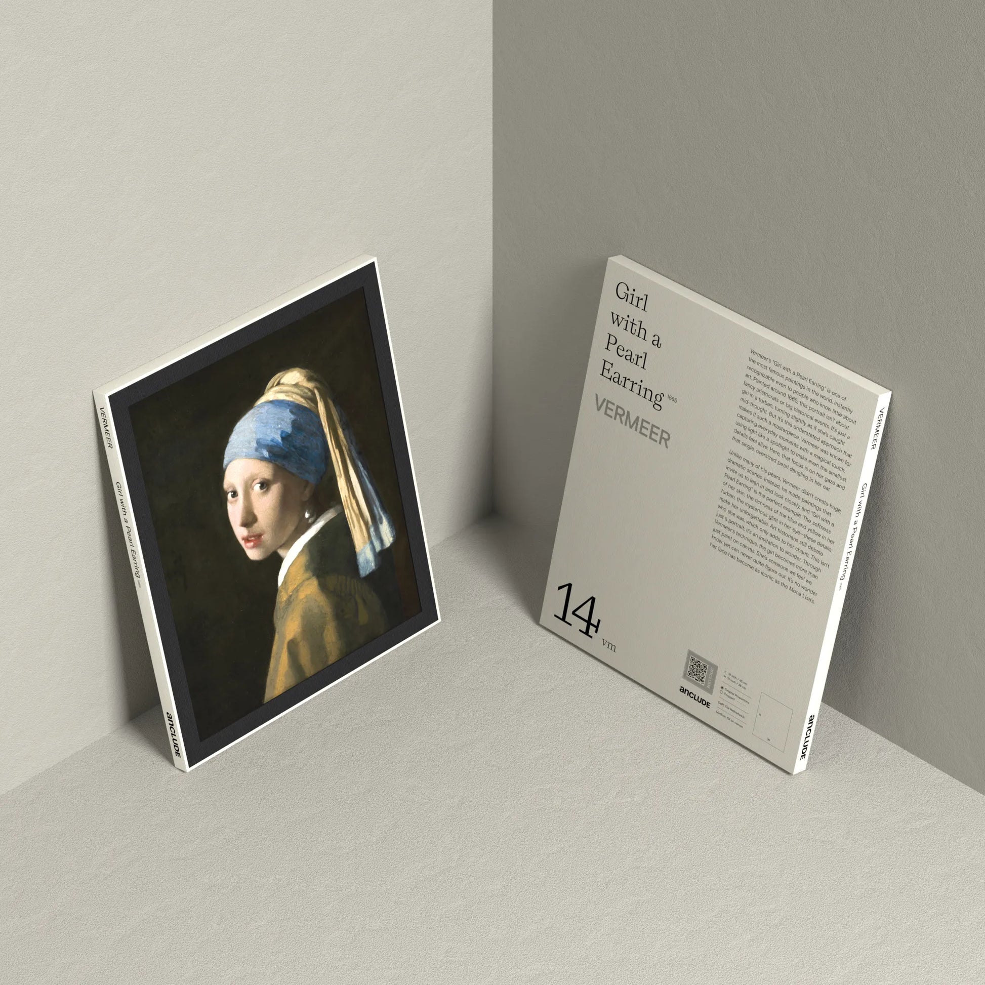 Corner setup showing front & back of Girl with a Pearl Earring art print by Johannes Vermeer on display, leaning against the wall