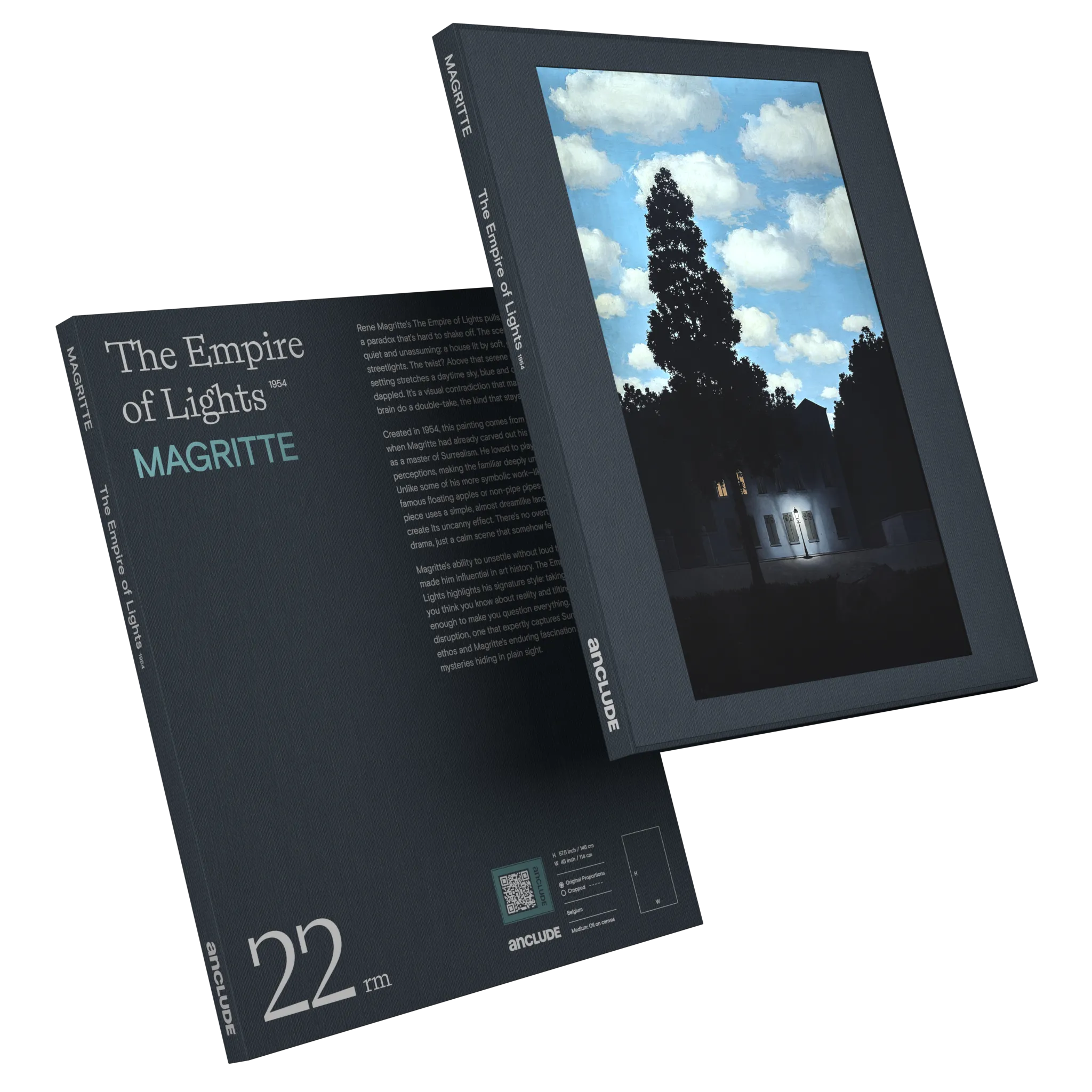 Art print by René Magritte: The Empire of Light (alt: Art print by René Magritte: The Empire of Light (alt: Angled front & back view of The Empire of Light art print by Magritte in Anclude’s collectible format))