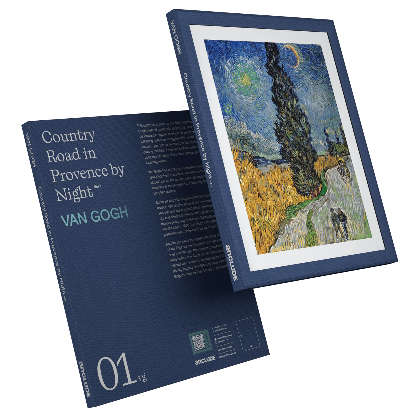 Art print by Vincent Van Gogh: Country Road in Provence by Night (alt: Art print by Vincent Van Gogh: Country Road in Provence by Night (alt: Angled front & back view of Country Road in Provence by Night art print by Van Gogh in Anclude’s collectible format))