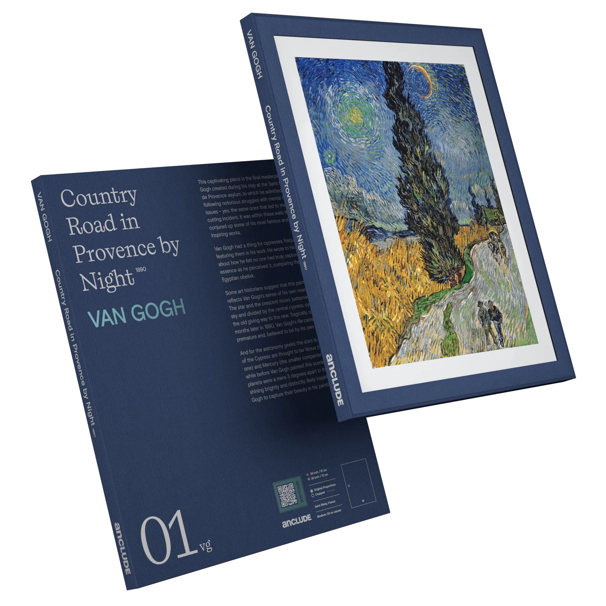 Art print by Vincent Van Gogh: Country Road in Provence by Night (alt: Art print by Vincent Van Gogh: Country Road in Provence by Night (alt: Angled front & back view of Country Road in Provence by Night art print by Van Gogh in Anclude’s collectible format))