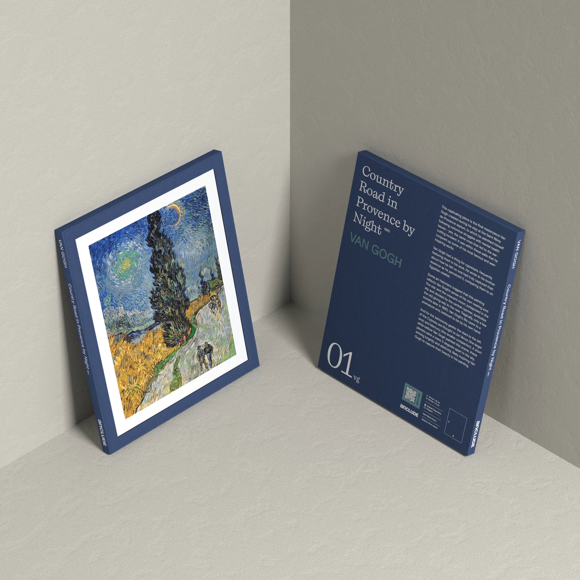 Corner setup showing front & back of Country Road in Provence by Night art print by Vincent Van Gogh on display, leaning against the wall